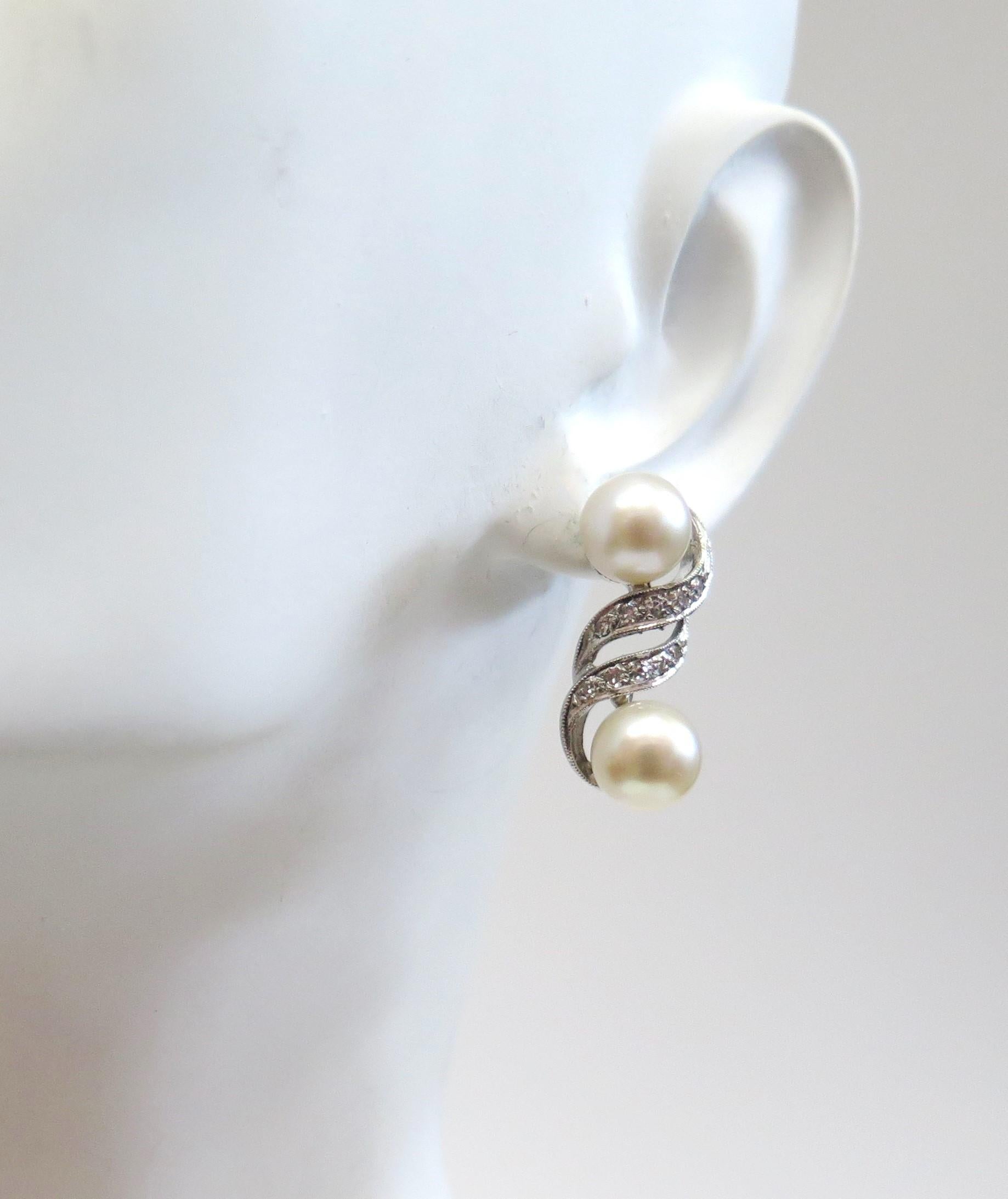 Women's Vintage 1950s Double Pearl Cultured Earrings with Diamonds / 14 Karat White Gold