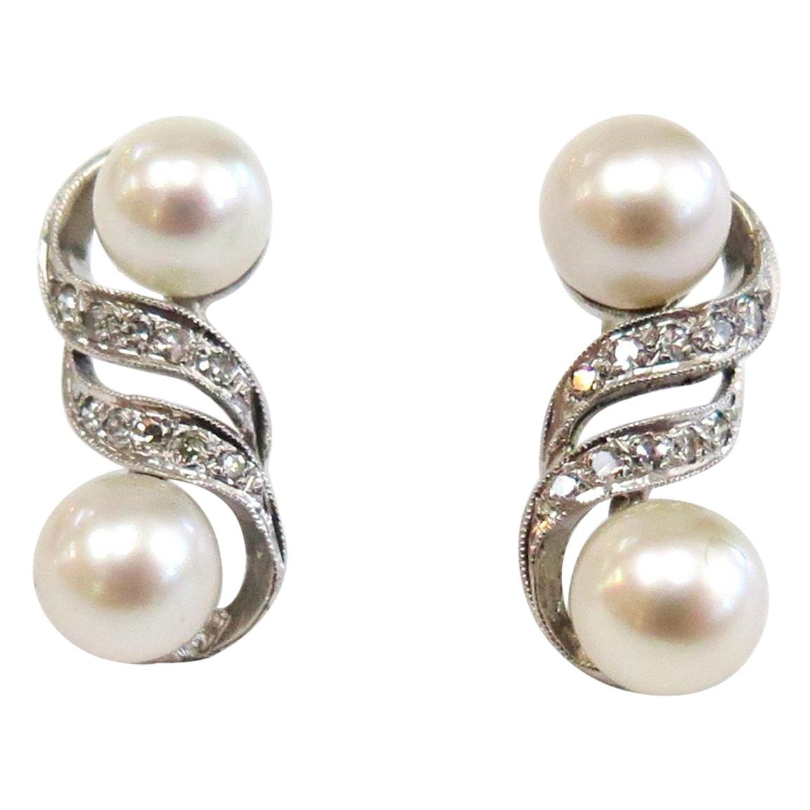 Vintage 1950s Double Pearl Cultured Earrings with Diamonds / 14 Karat White Gold