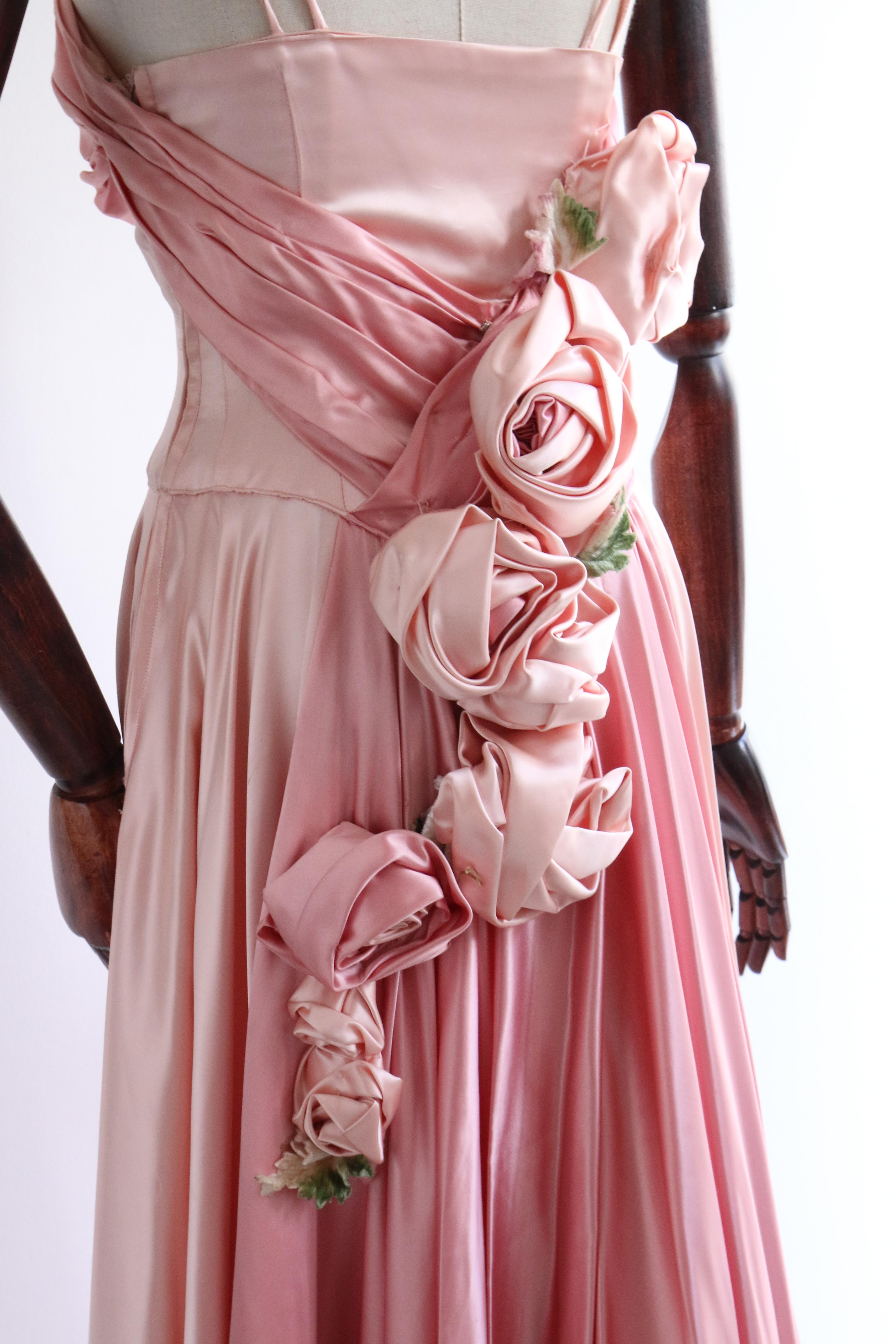 Vintage 1950's Duchess Satin Rose Embellished Dress UK 10 US 6 1