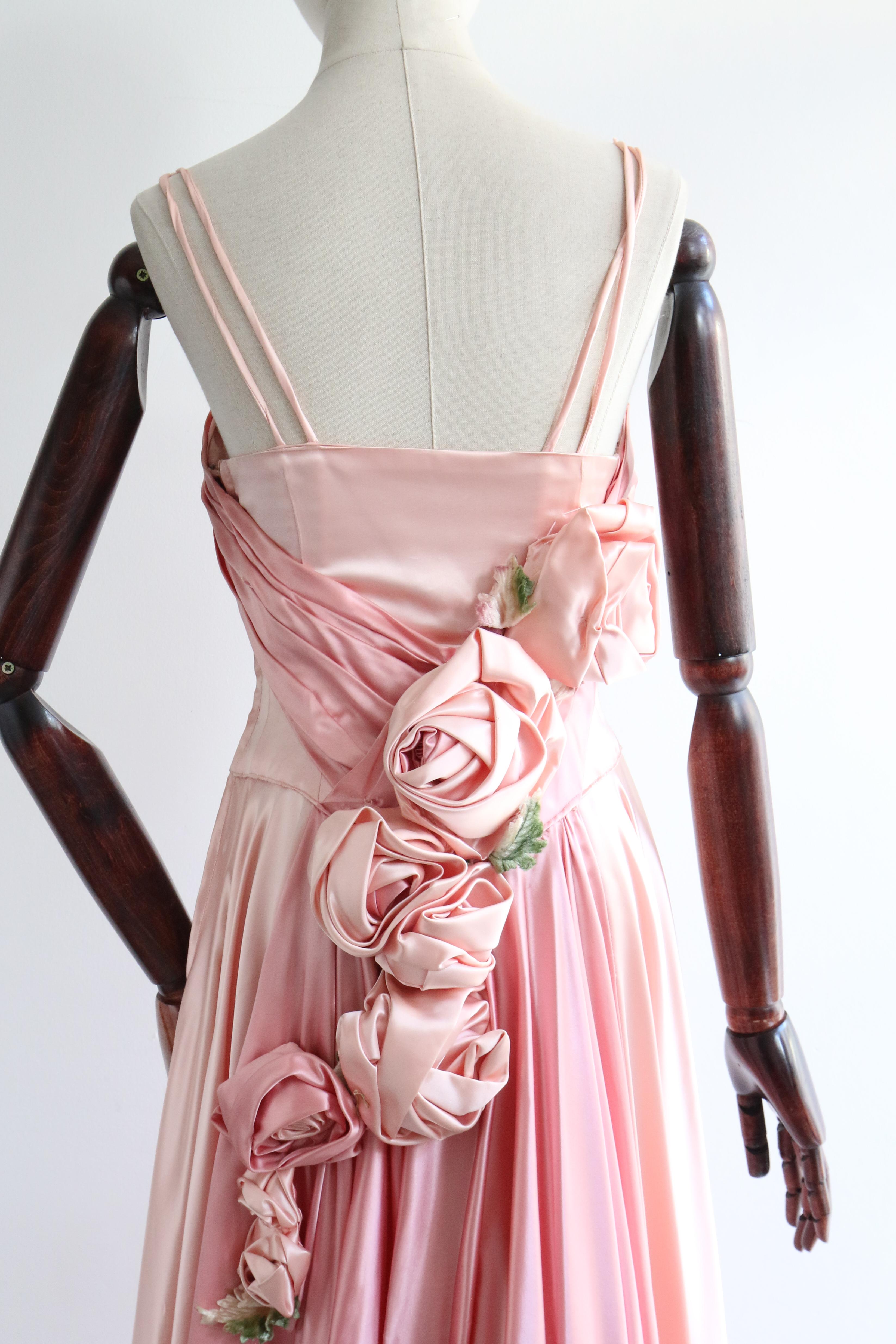Vintage 1950's Duchess Satin Rose Embellished Dress UK 10 US 6 2