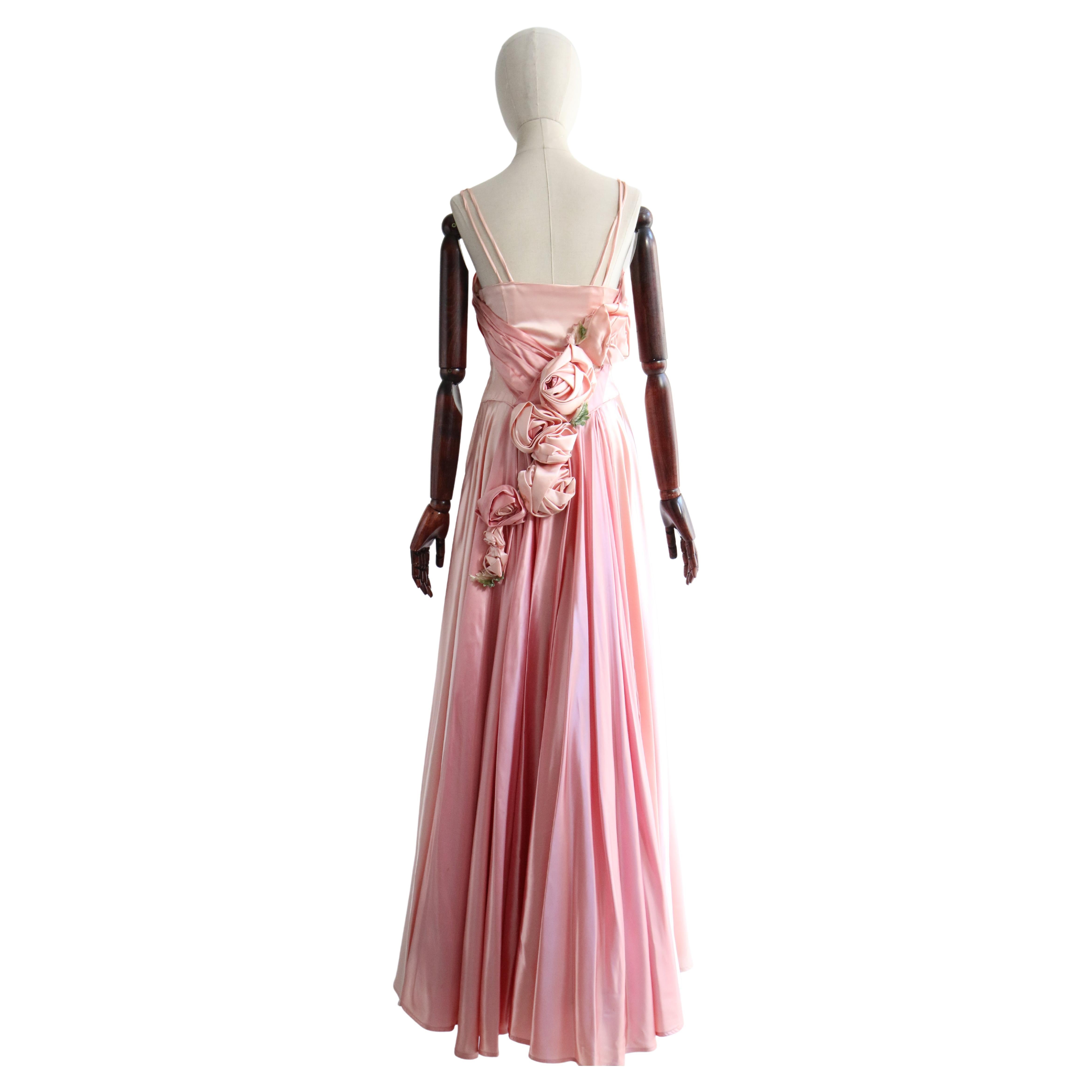 Vintage 1950's Duchess Satin Rose Embellished Dress UK 10 US 6