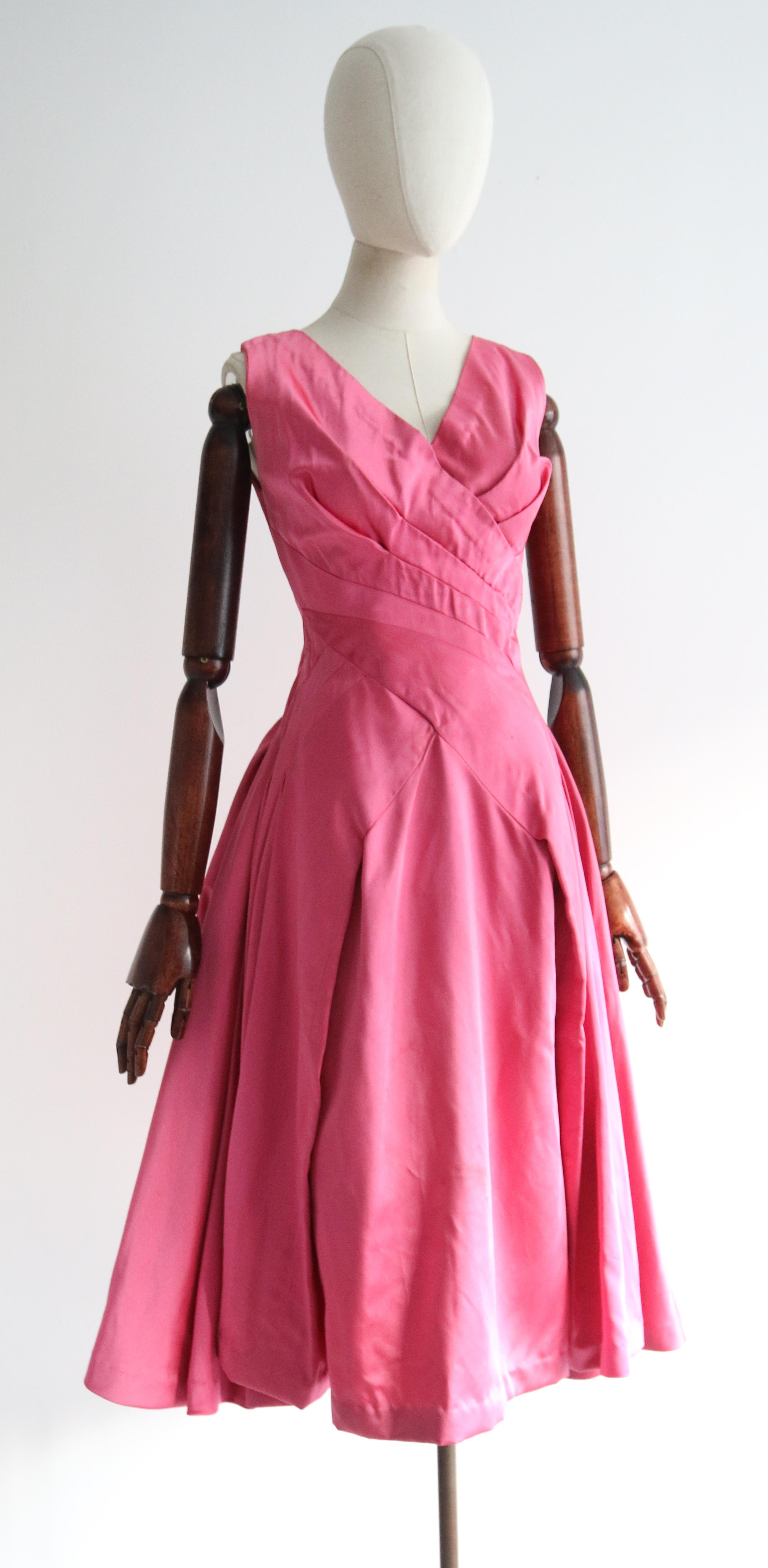 Women's or Men's Vintage 1950's Duchess Satin Sweet Pink Pleated Dress UK 8-10 US 4-6 For Sale