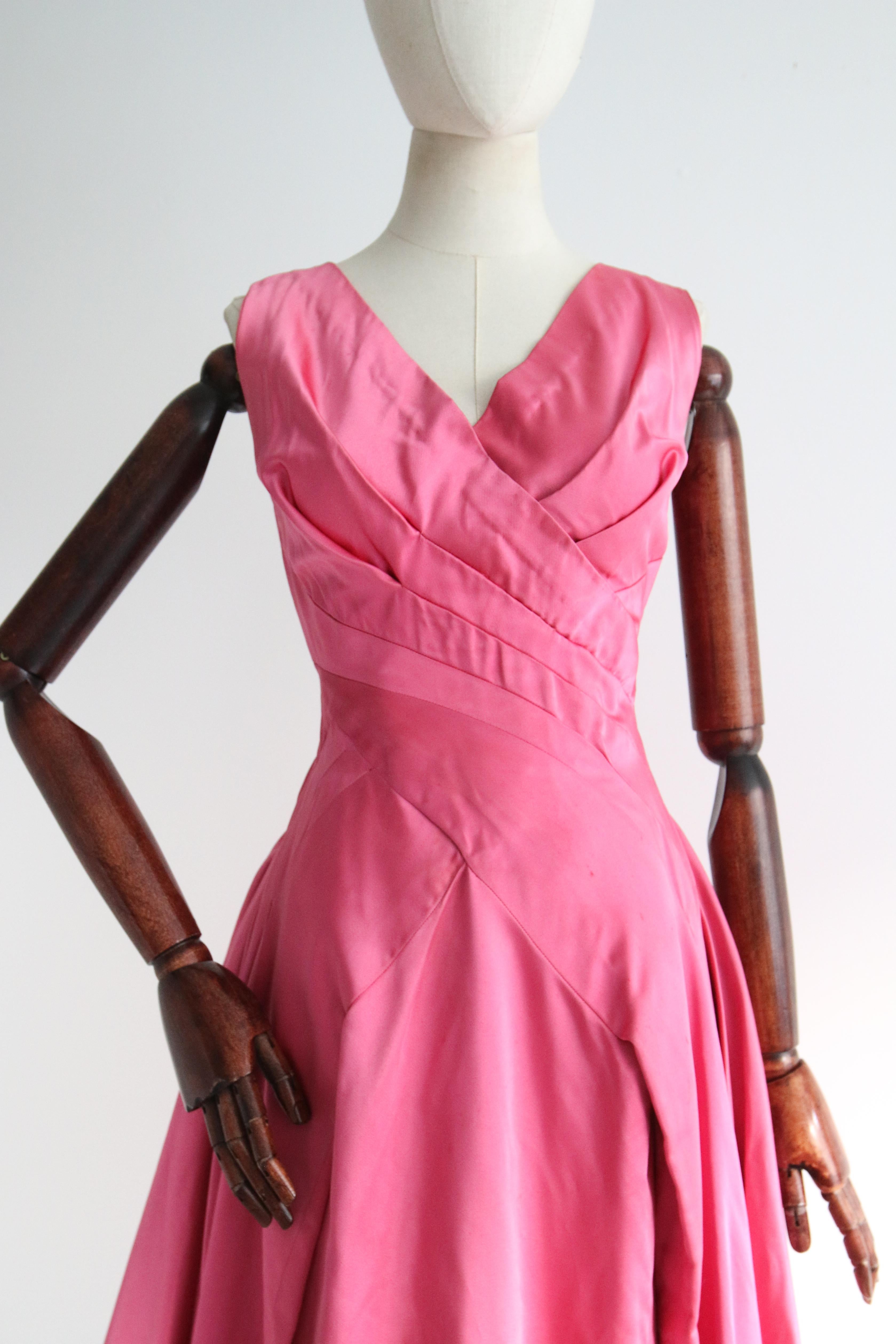 Vintage 1950's Duchess Satin Sweet Pink Pleated Dress UK 8-10 US 4-6 For Sale 1