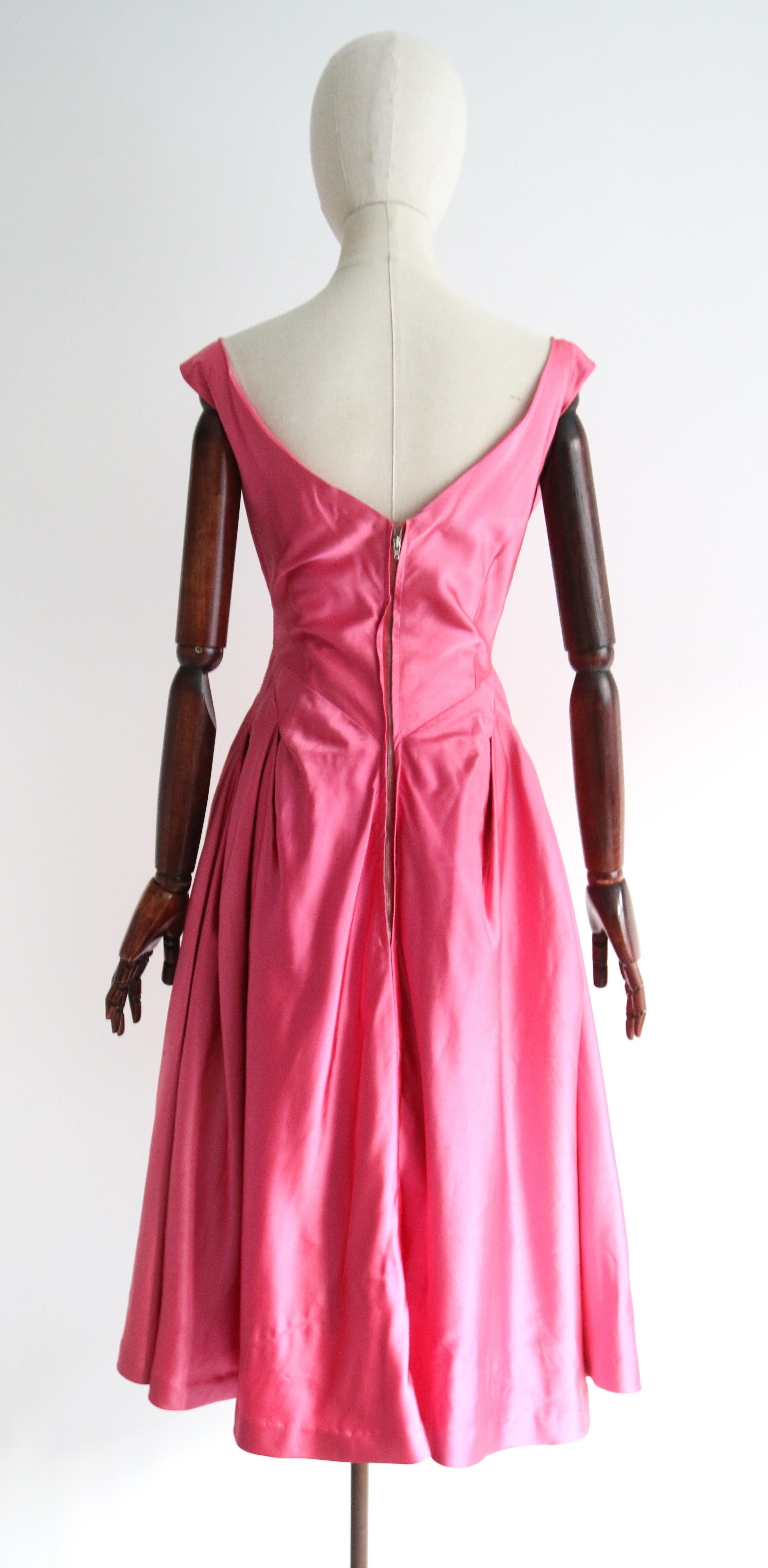 Vintage 1950's Duchess Satin Sweet Pink Pleated Dress UK 8-10 US 4-6 For Sale 3