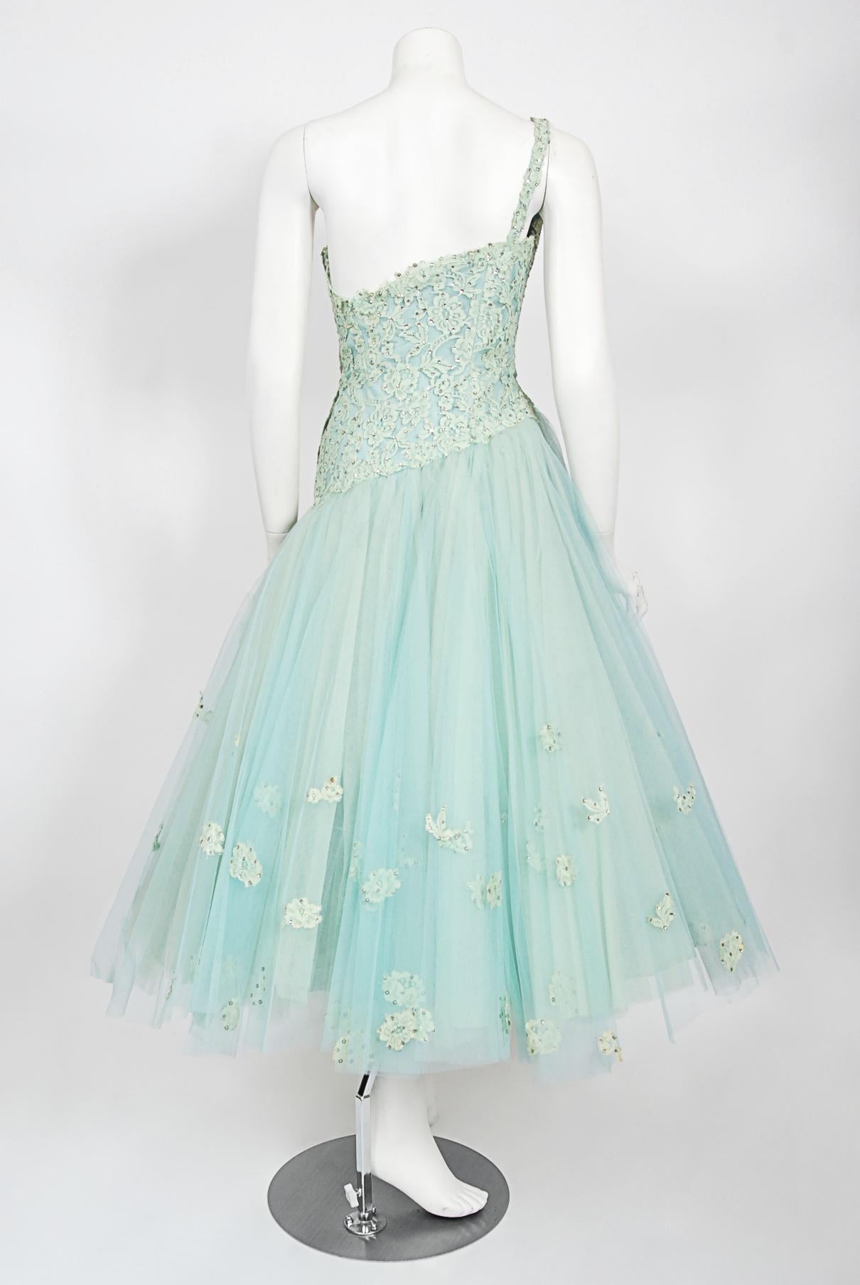 Vintage 1950's Edith Small Seafoam Blue Rhinestone Lace Tulle One-Shoulder Dress 5