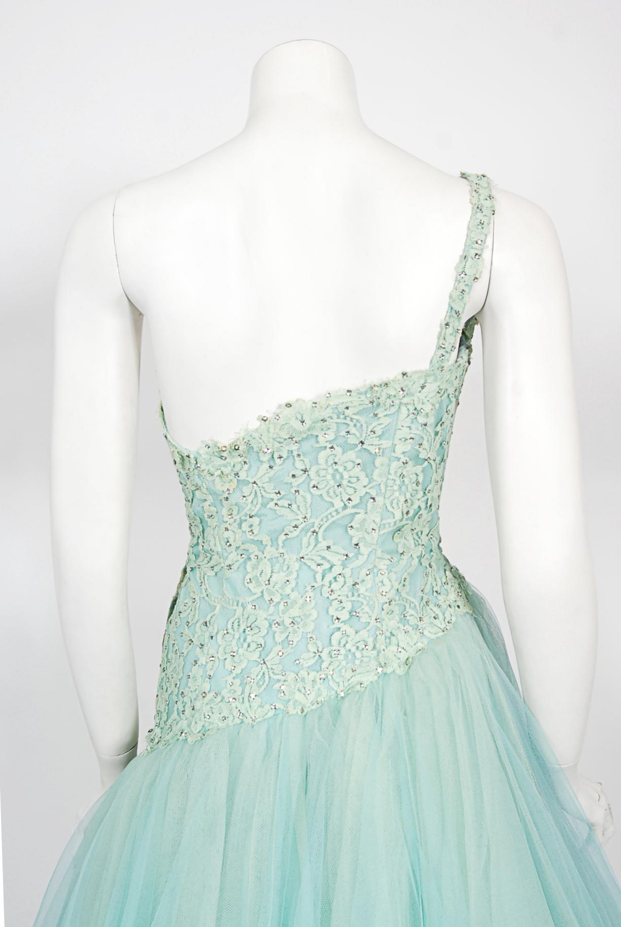 Vintage 1950's Edith Small Seafoam Blue Rhinestone Lace Tulle One-Shoulder Dress 6