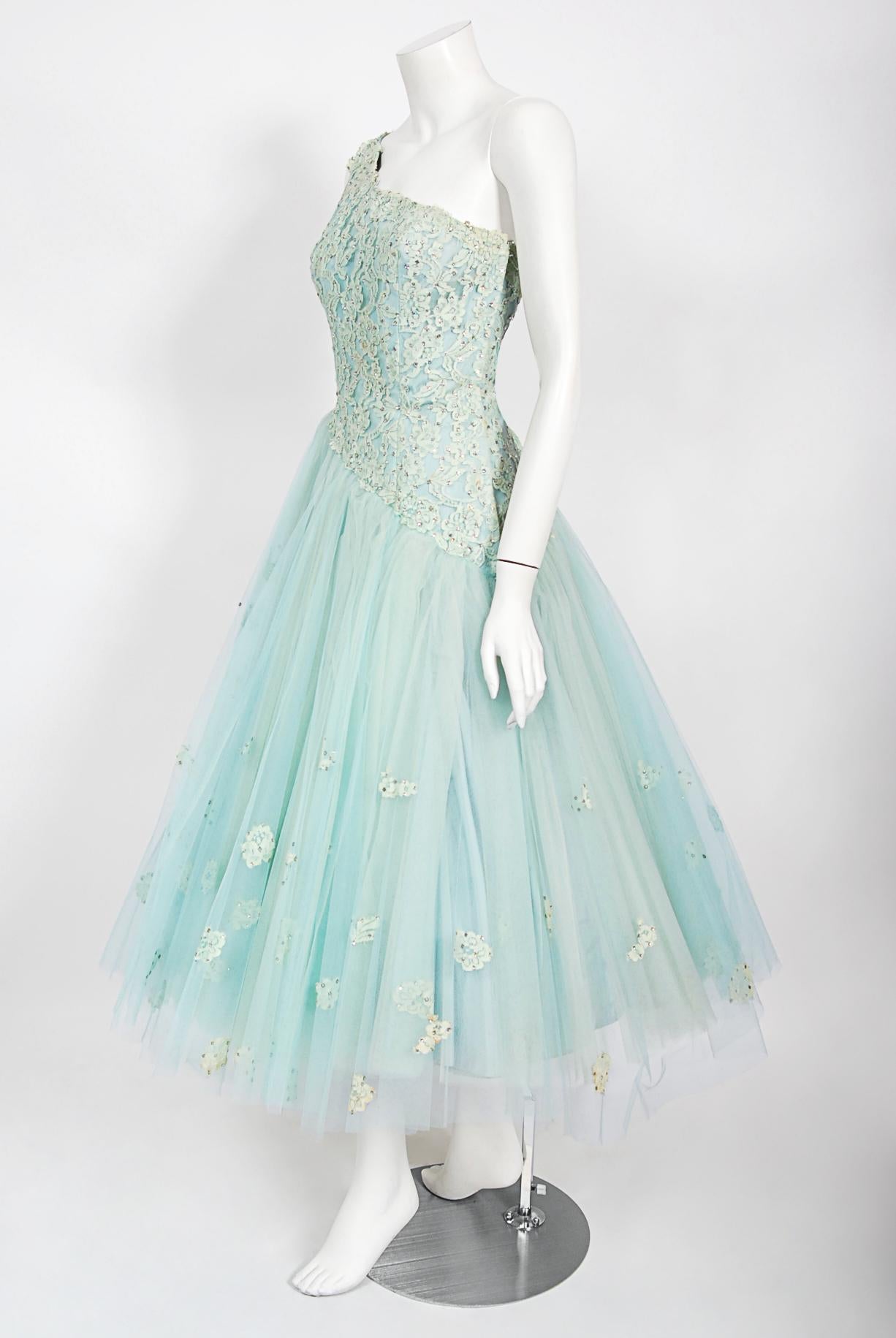 Vintage 1950's Edith Small Seafoam Blue Rhinestone Lace Tulle One-Shoulder Dress In Good Condition In Beverly Hills, CA
