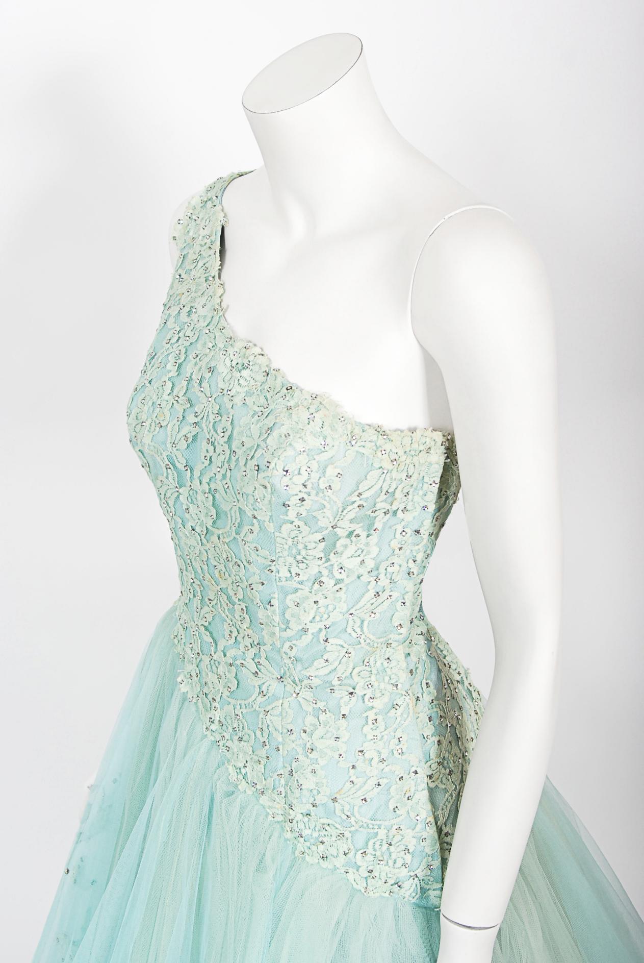 Women's Vintage 1950's Edith Small Seafoam Blue Rhinestone Lace Tulle One-Shoulder Dress