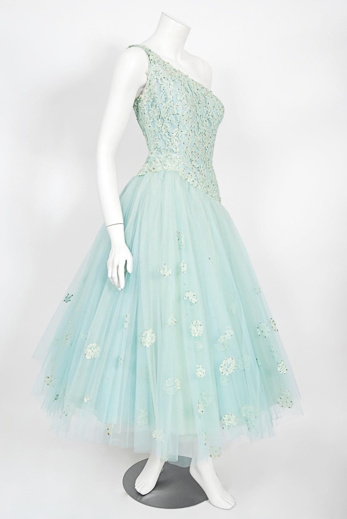 Vintage 1950's Edith Small Seafoam Blue Rhinestone Lace Tulle One-Shoulder Dress 1
