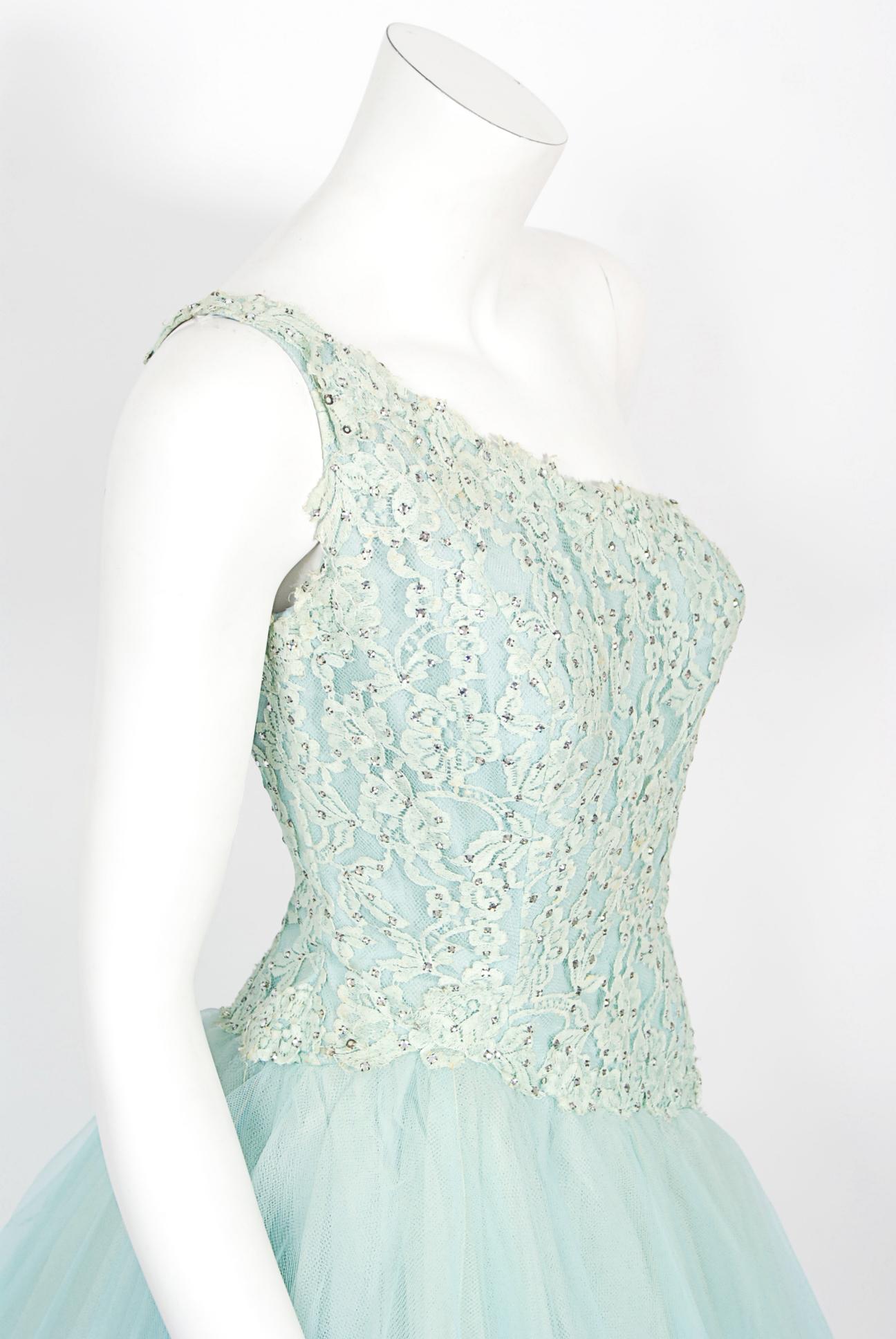 Vintage 1950's Edith Small Seafoam Blue Rhinestone Lace Tulle One-Shoulder Dress 2