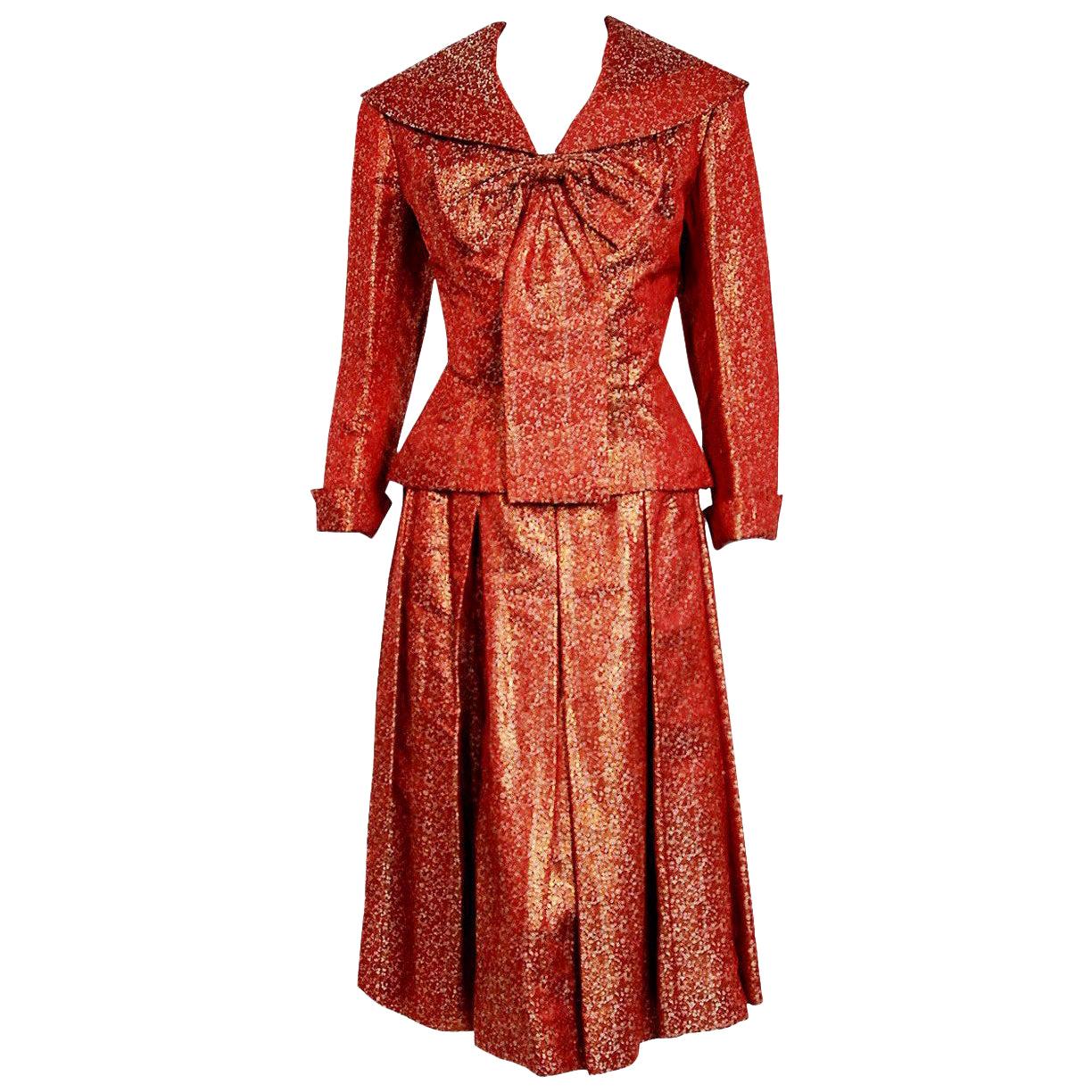 Vintage 1950's Egyptian Couture Metallic Burgundy Red Silk Brocade Dress Suit 