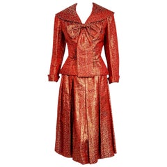 Vintage 1950's Egyptian Couture Metallic Burgundy Red Silk Brocade Dress Suit