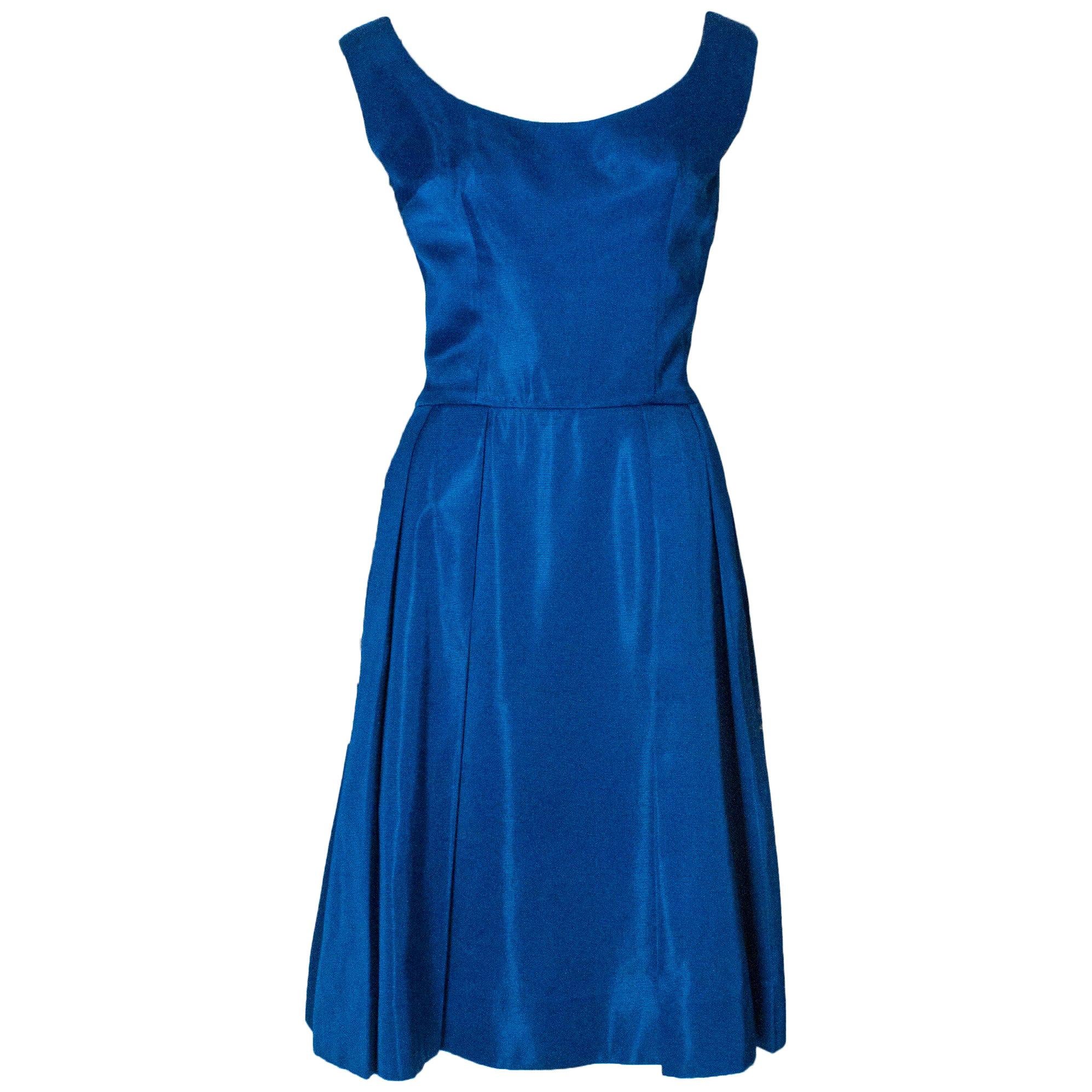 Vintage 1950s Electric Blue Cocktail Dress For Sale