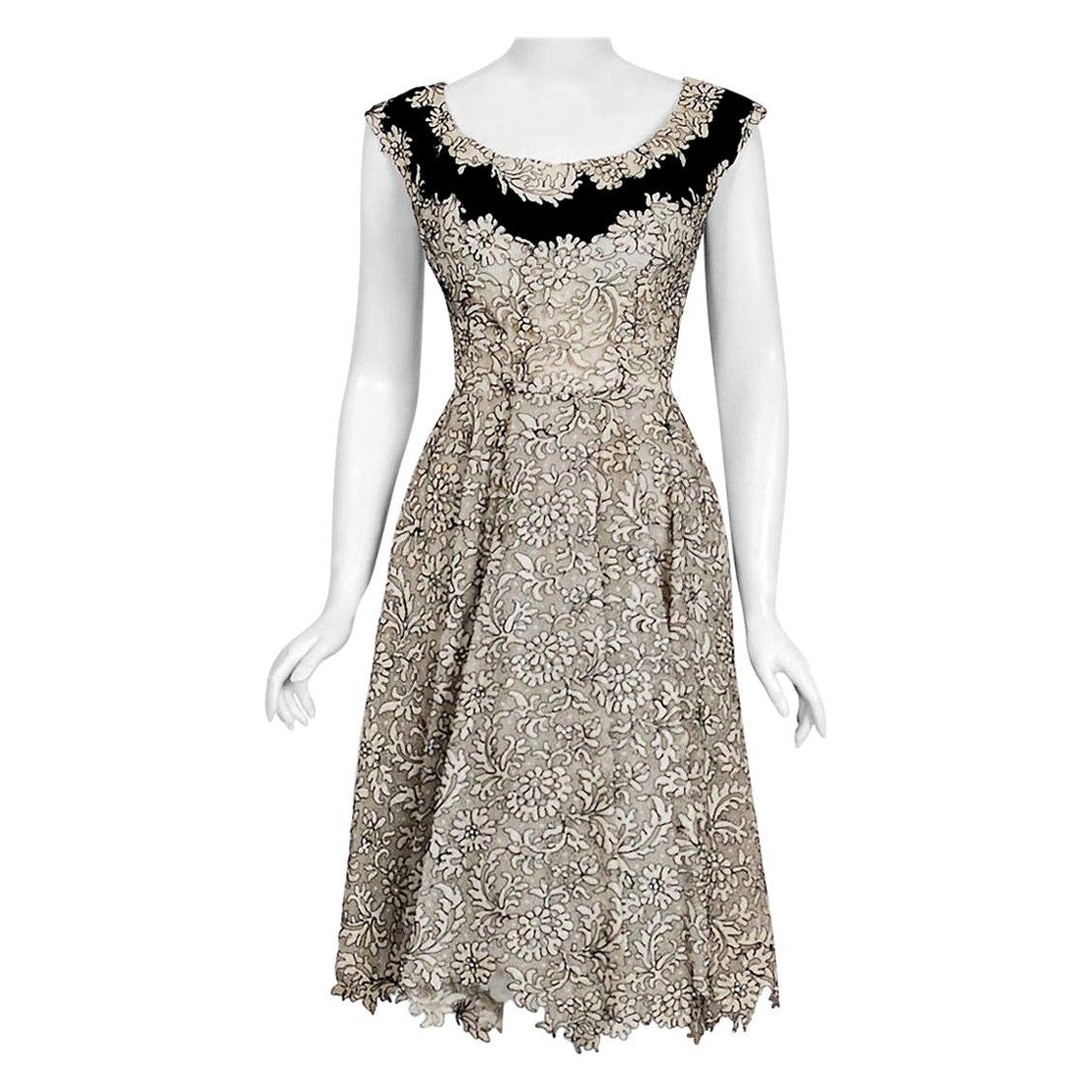 Vintage 1950's Elizabeth Arden Couture Ivory Lace & Black Velvet Scalloped Dress