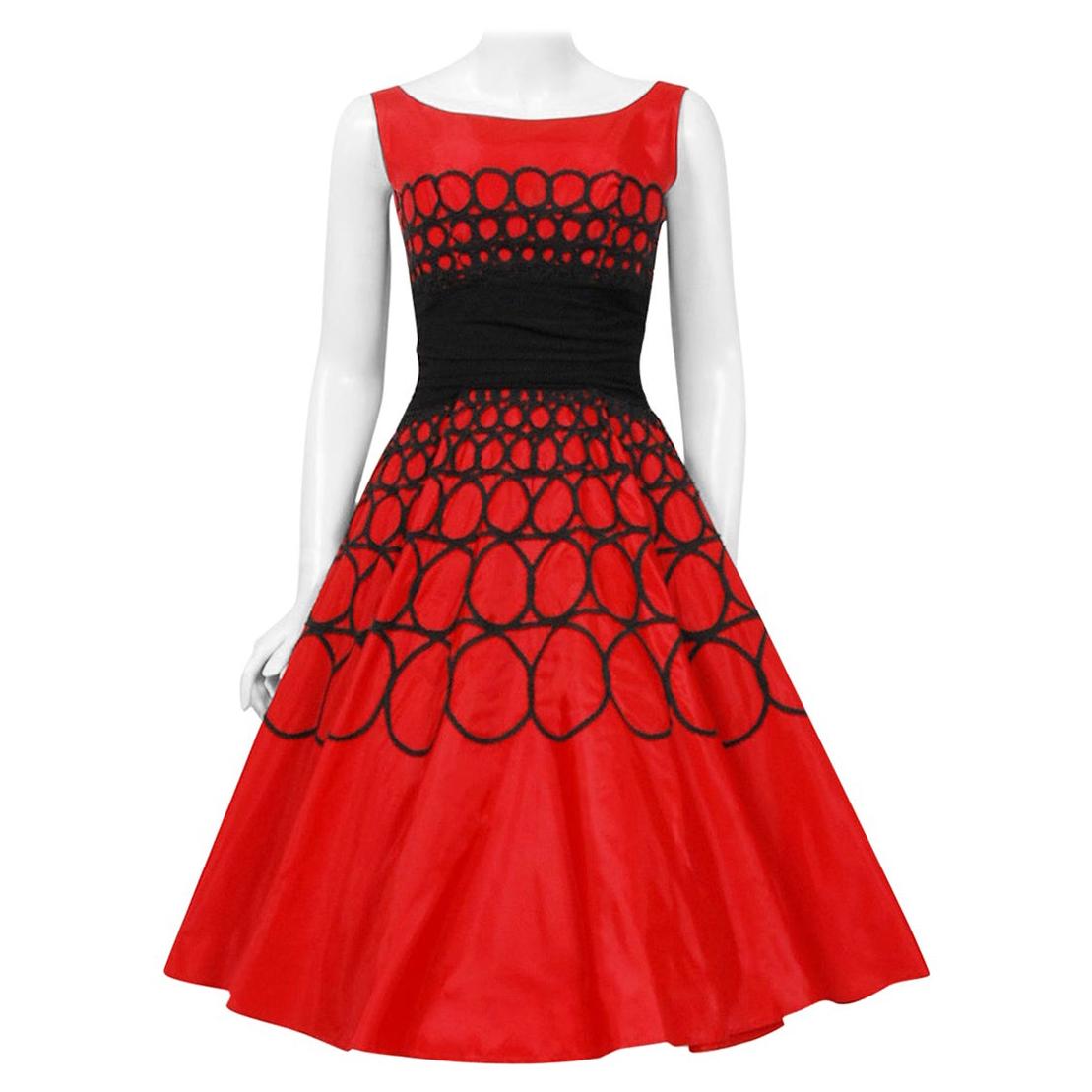 Vintage 1950's Embroidered Red Taffeta Black Wool Cummerbund Circle-Skirt Dress