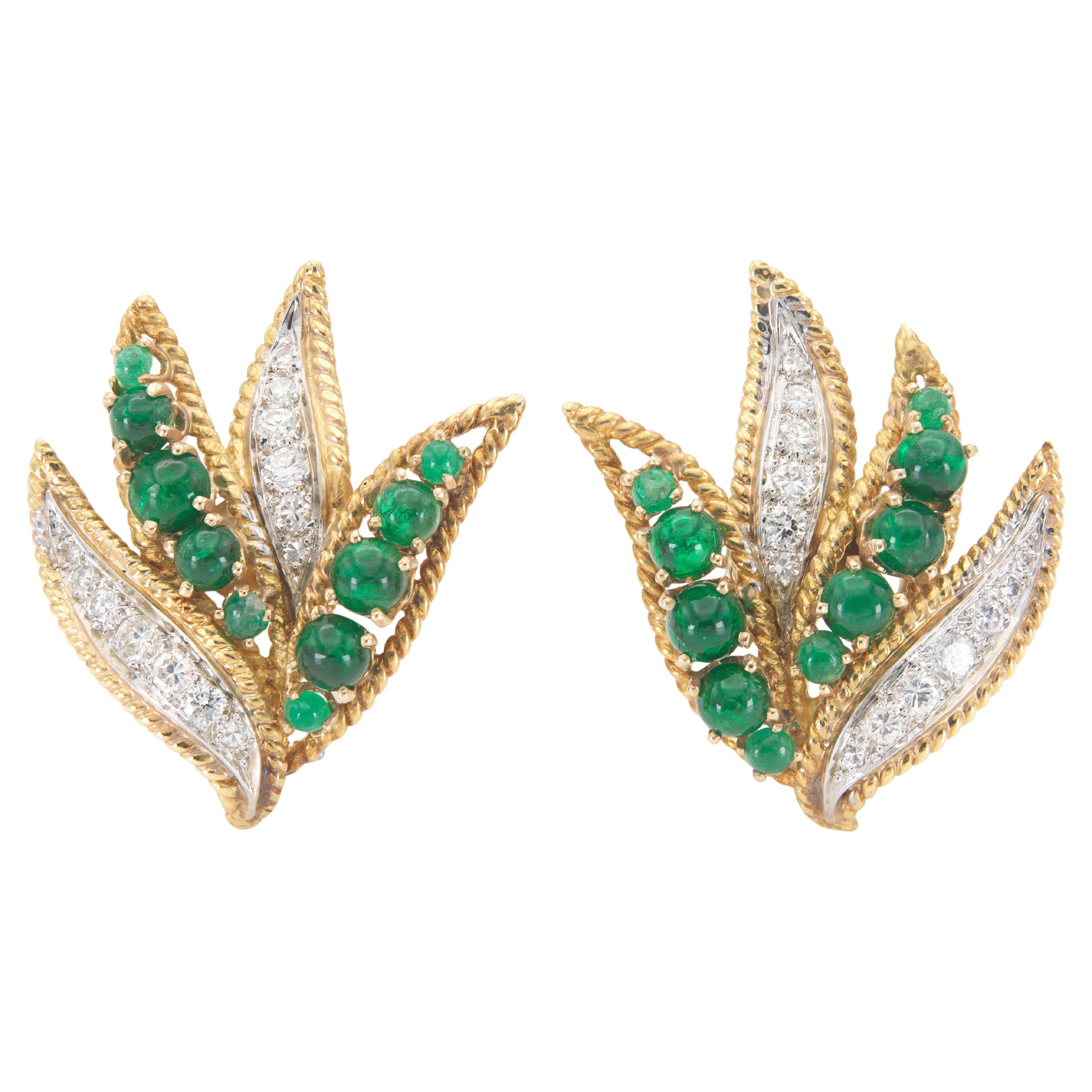Vintage 1950s Emerald and Diamond Leaf Earrings