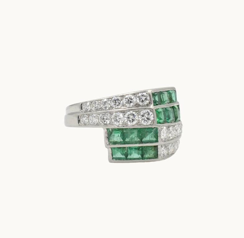 Women's 1950s Emerald Diamond Platinum Ring For Sale