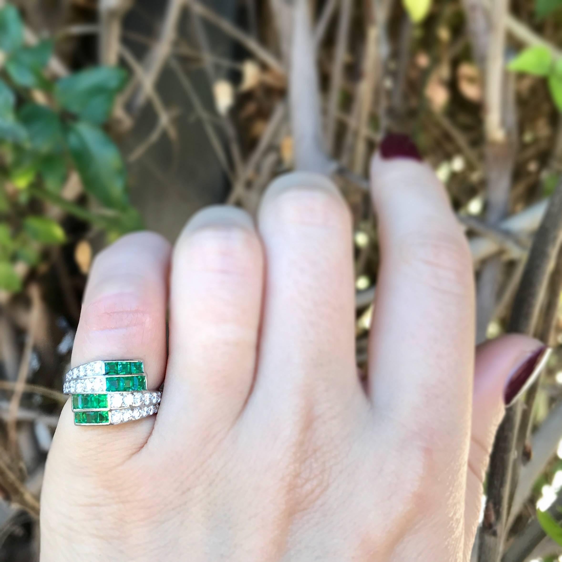 1950s Emerald Diamond Platinum Ring For Sale 3