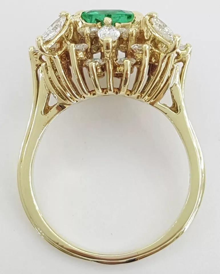 Emerald Cut GIA Certified 1950s MINOR OIL Emerald and Diamond Ring in 18K Yellow Gold For Sale