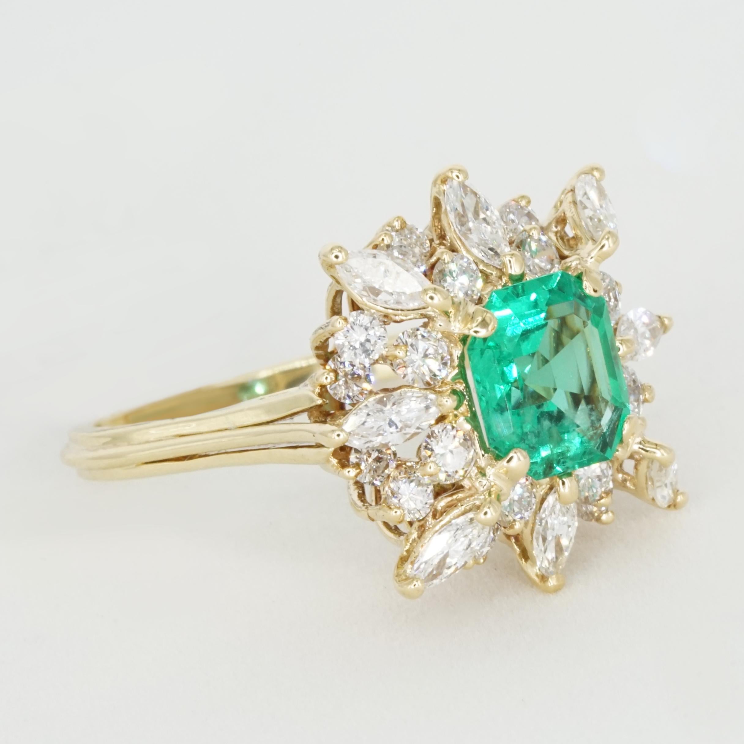 Women's GIA Certified 1950s MINOR OIL Emerald and Diamond Ring in 18K Yellow Gold For Sale