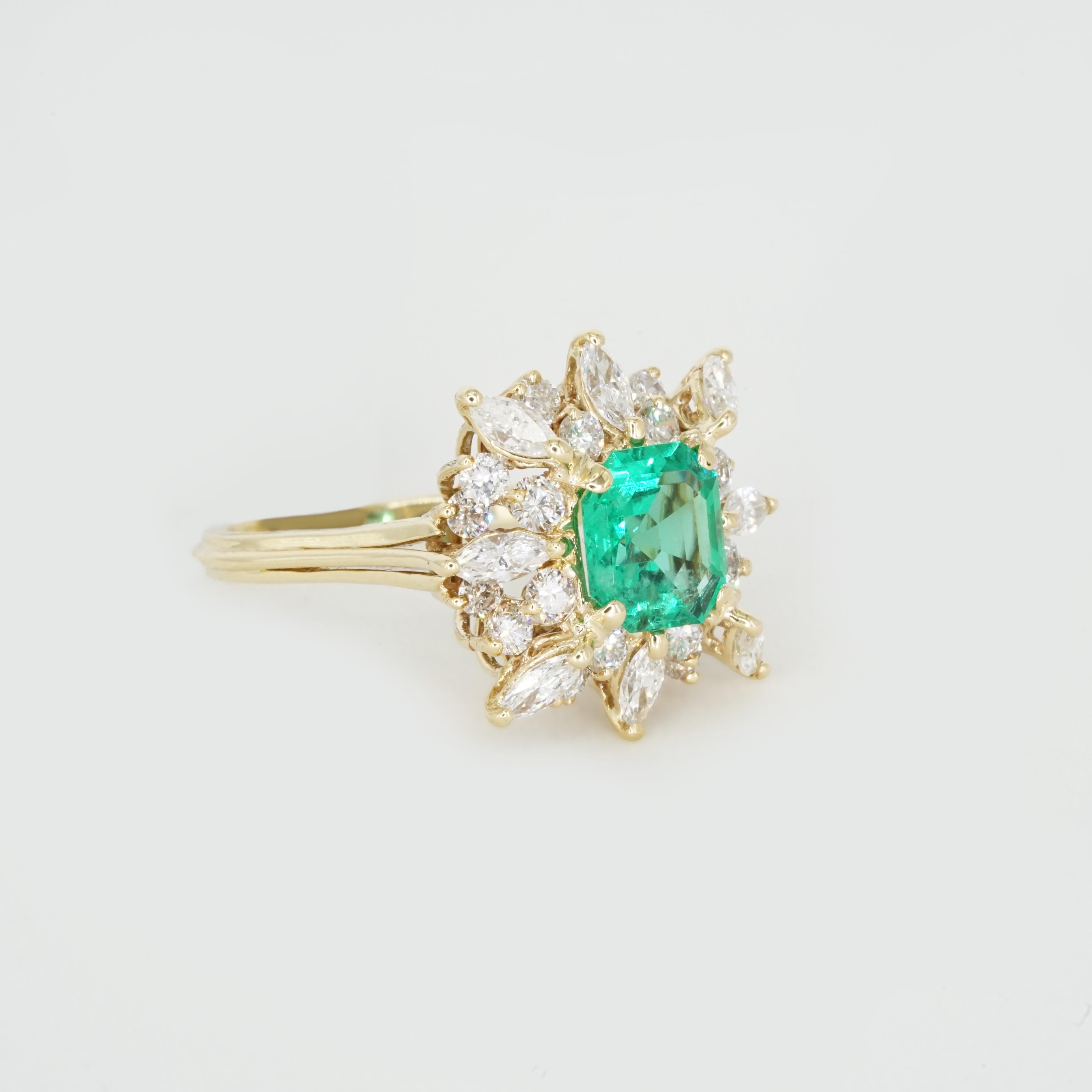 GIA Certified 1950s MINOR OIL Emerald and Diamond Ring in 18K Yellow Gold For Sale 1