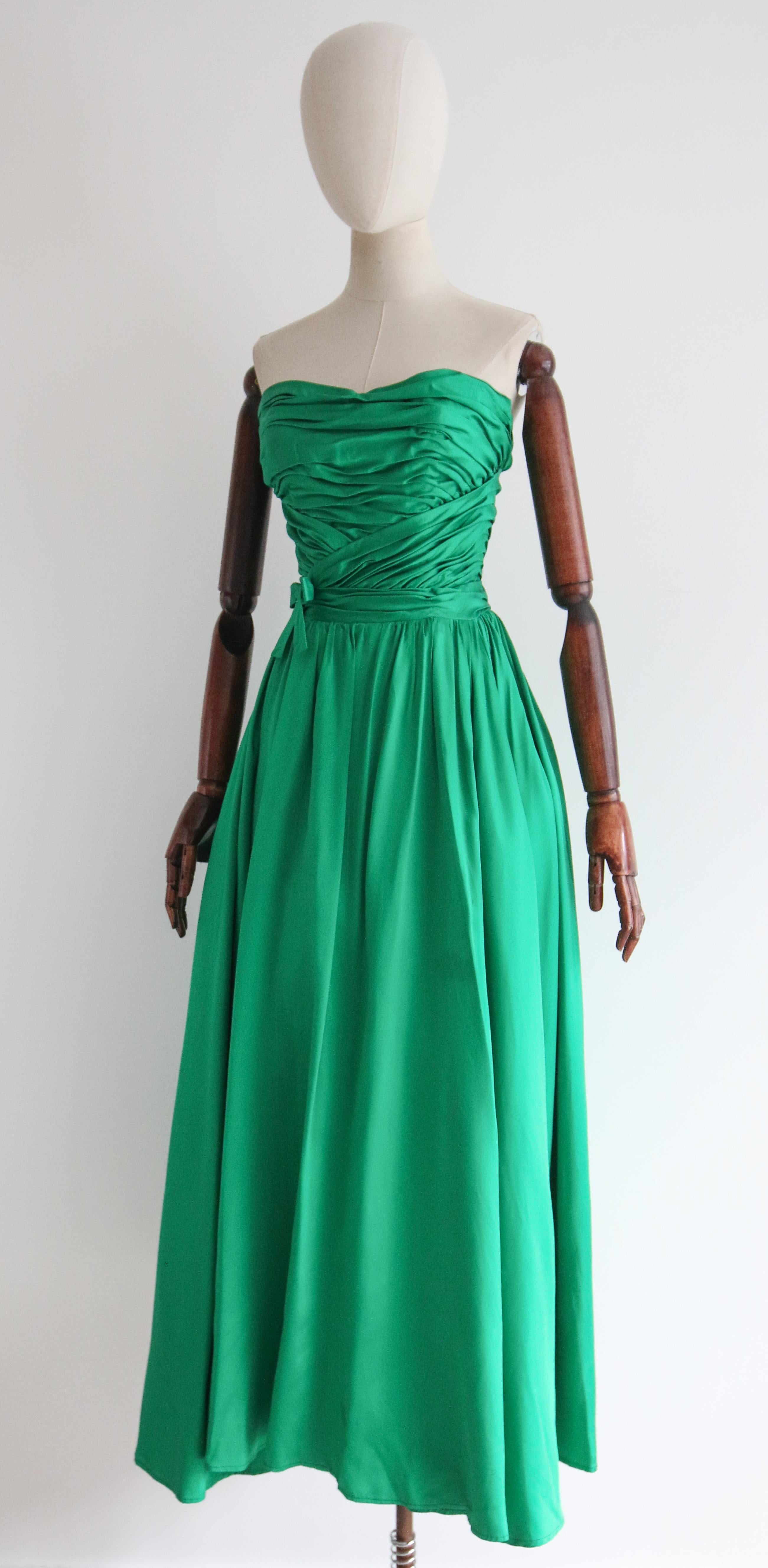 Vintage 1950's Emerald Green Satin Pleated Strapless Dress UK 6 US 2 Susan Small For Sale 4