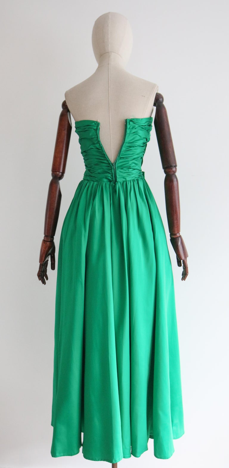 Vintage 1950's Emerald Green Satin Pleated Strapless Dress UK 6 US 2 Susan  Small For Sale at 1stDibs