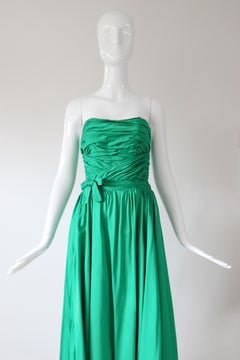 Vintage 1950s Emerald Green Satin Strapless Dress Pleated Susan Small UK 6 US 2