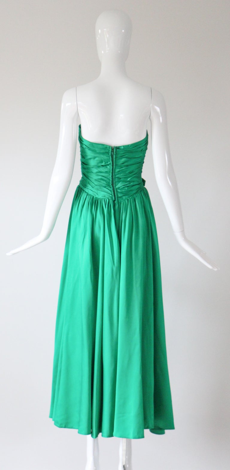 Vintage 1950s Emerald Green Satin Strapless Dress Pleated Susan Small UK 6  US 2 For Sale at 1stDibs