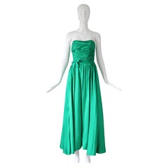 Vintage 1950s Emerald Green Satin Strapless Dress Pleated Susan Small UK 6 US 2