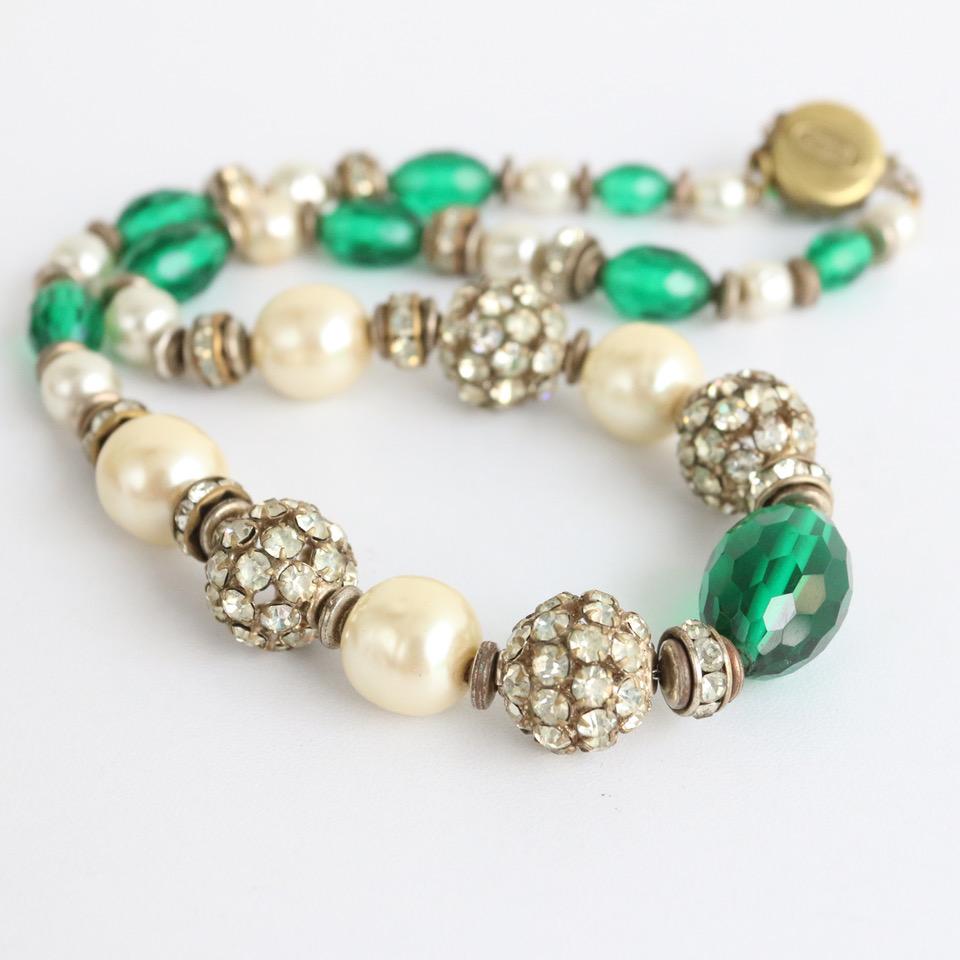 Vintage 1950's Emerald & Rhinestone Beaded Miriam Haskell Necklace In Good Condition In Cheltenham, GB