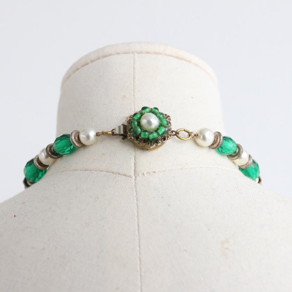 Vintage 1950's Emerald & Rhinestone Beaded Miriam Haskell Necklace 1