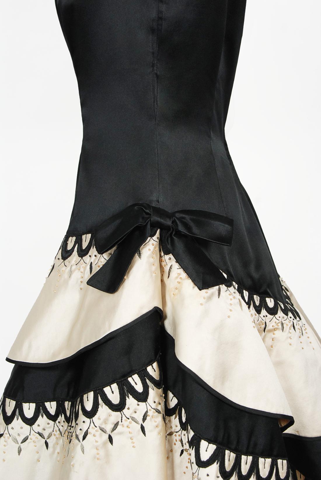Vintage 1950's Emilio Schuberth Couture Black & Ivory Embroidered Satin Dress For Sale 9