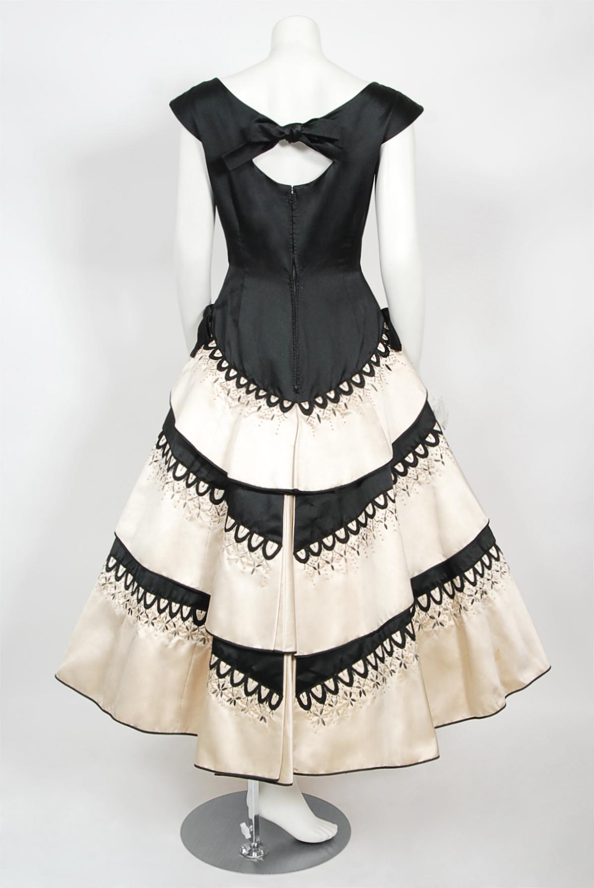 Vintage 1950's Emilio Schuberth Couture Black & Ivory Embroidered Satin Dress For Sale 10