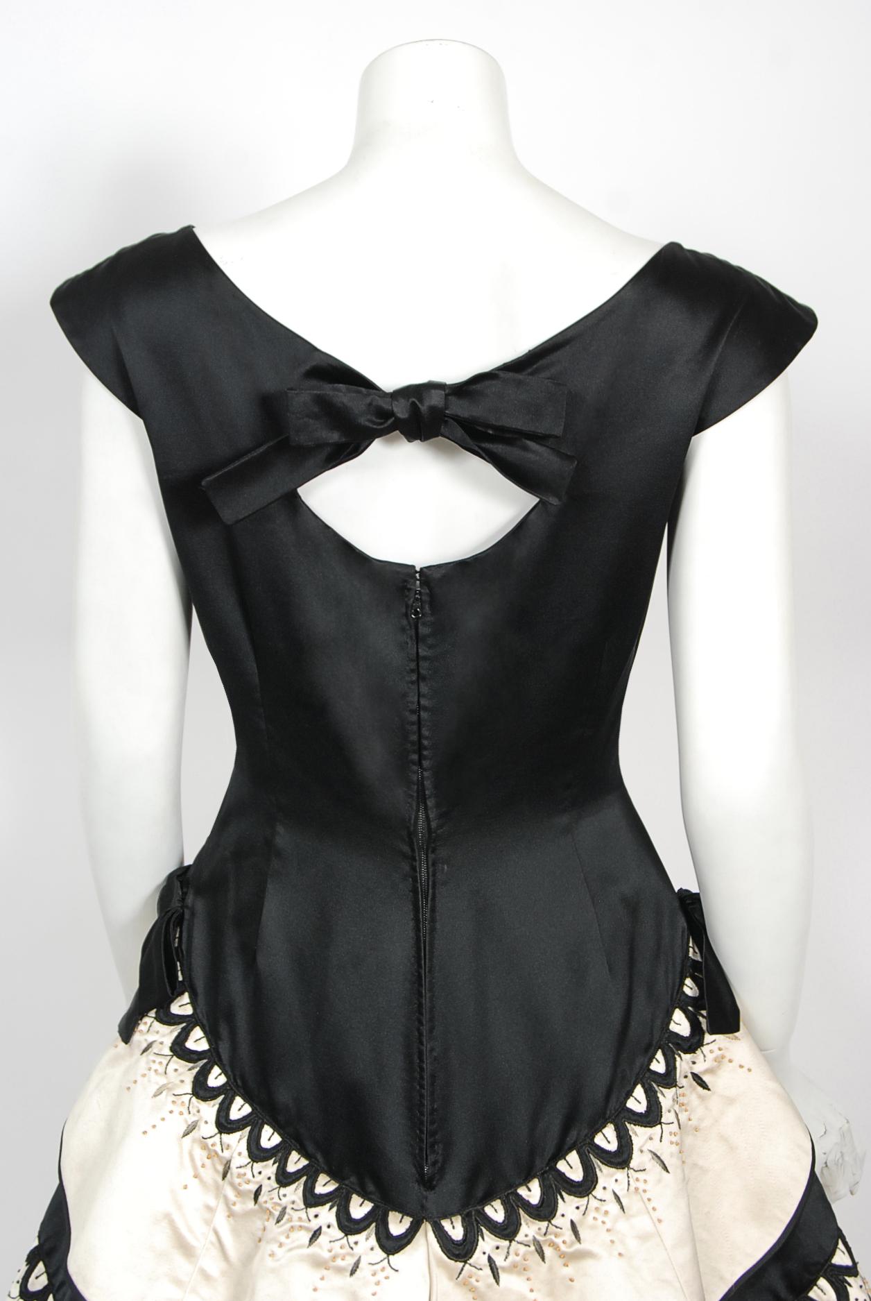 Vintage 1950's Emilio Schuberth Couture Black & Ivory Embroidered Satin Dress For Sale 11