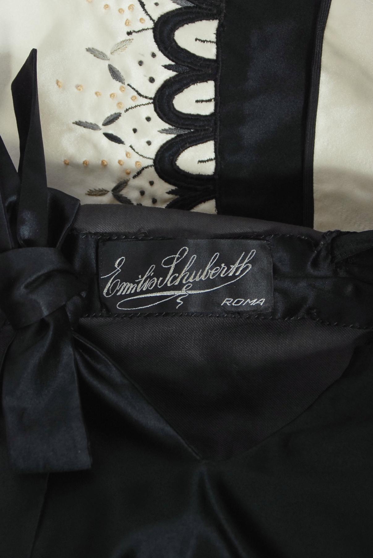 Emilio Schuberth Couture - Robe en satin brodée noire et ivoire, vintage, années 1950 en vente 12