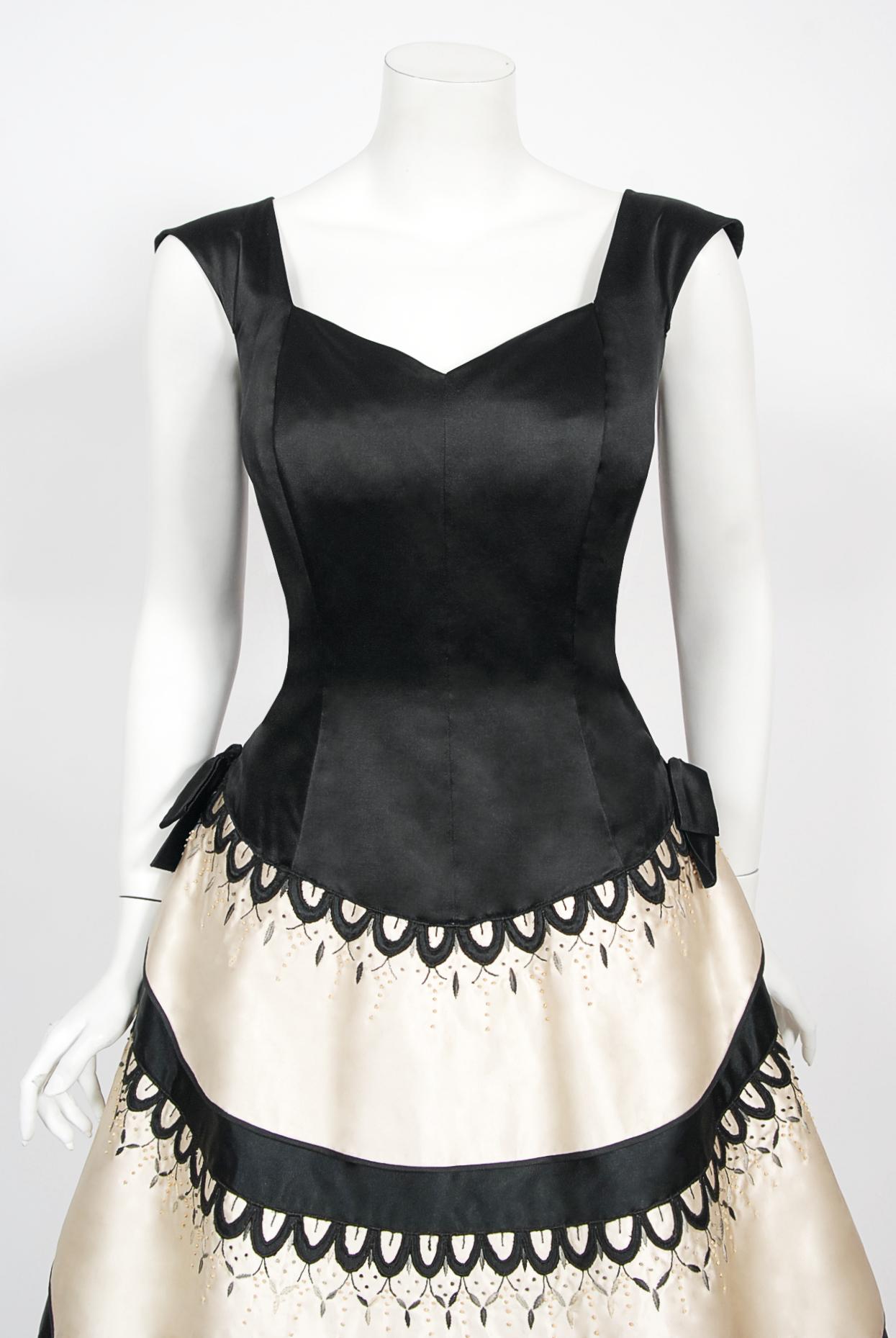 Women's Vintage 1950's Emilio Schuberth Couture Black & Ivory Embroidered Satin Dress For Sale