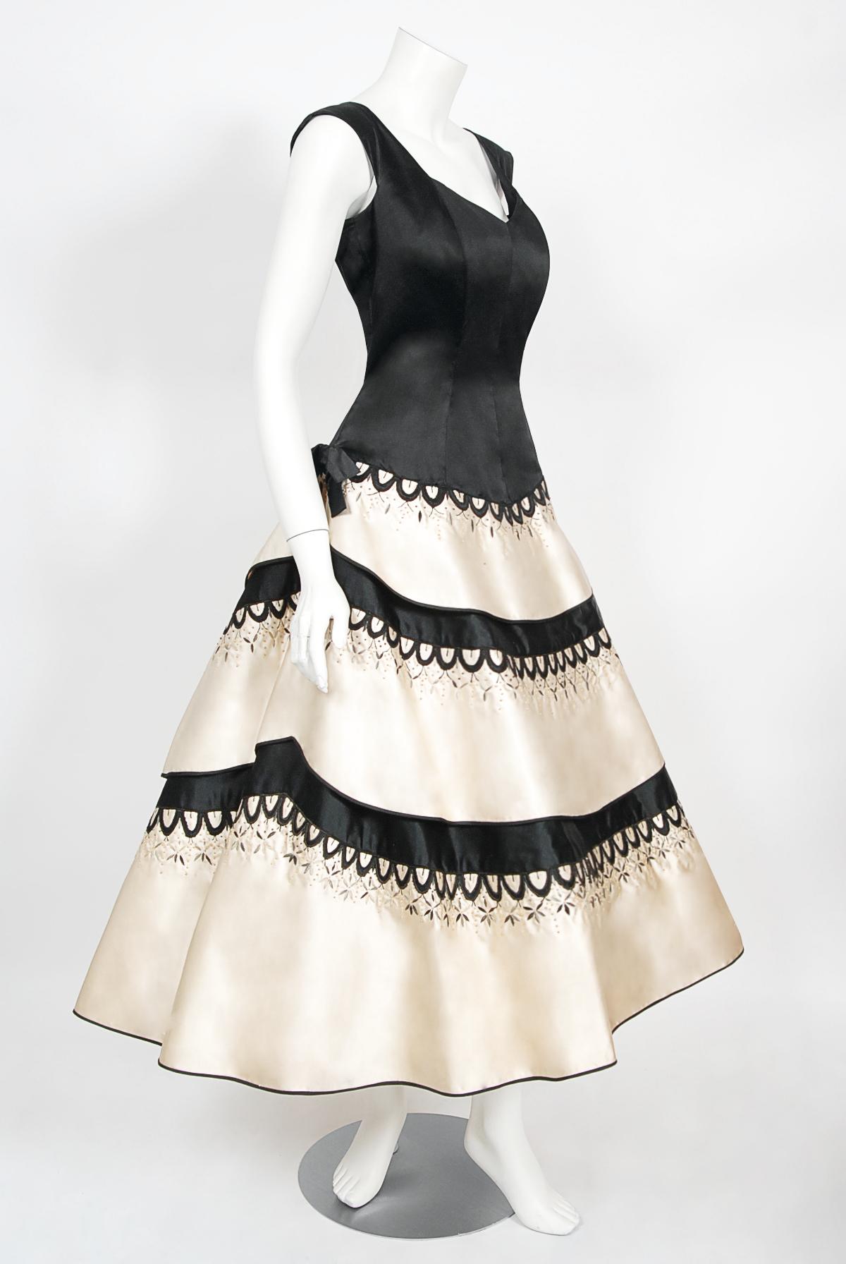 Vintage 1950's Emilio Schuberth Couture Black & Ivory Embroidered Satin Dress For Sale 1