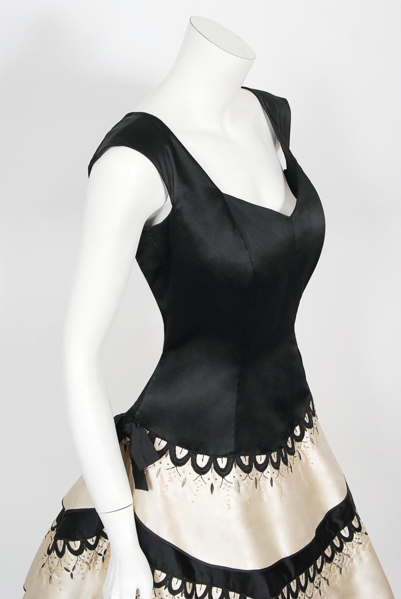 Vintage 1950's Emilio Schuberth Couture Black & Ivory Embroidered Satin Dress For Sale 2