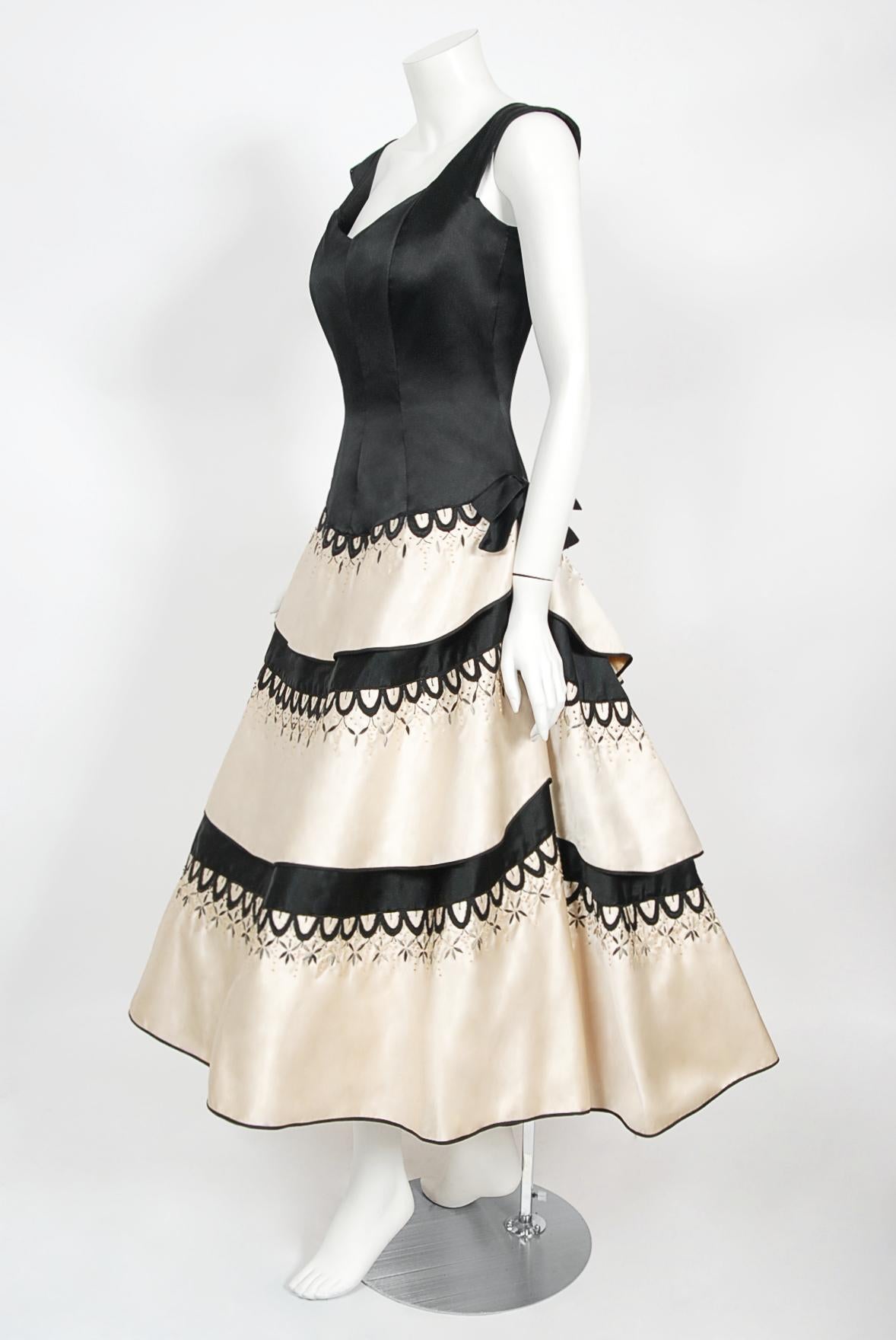 Vintage 1950's Emilio Schuberth Couture Black & Ivory Embroidered Satin Dress For Sale 4
