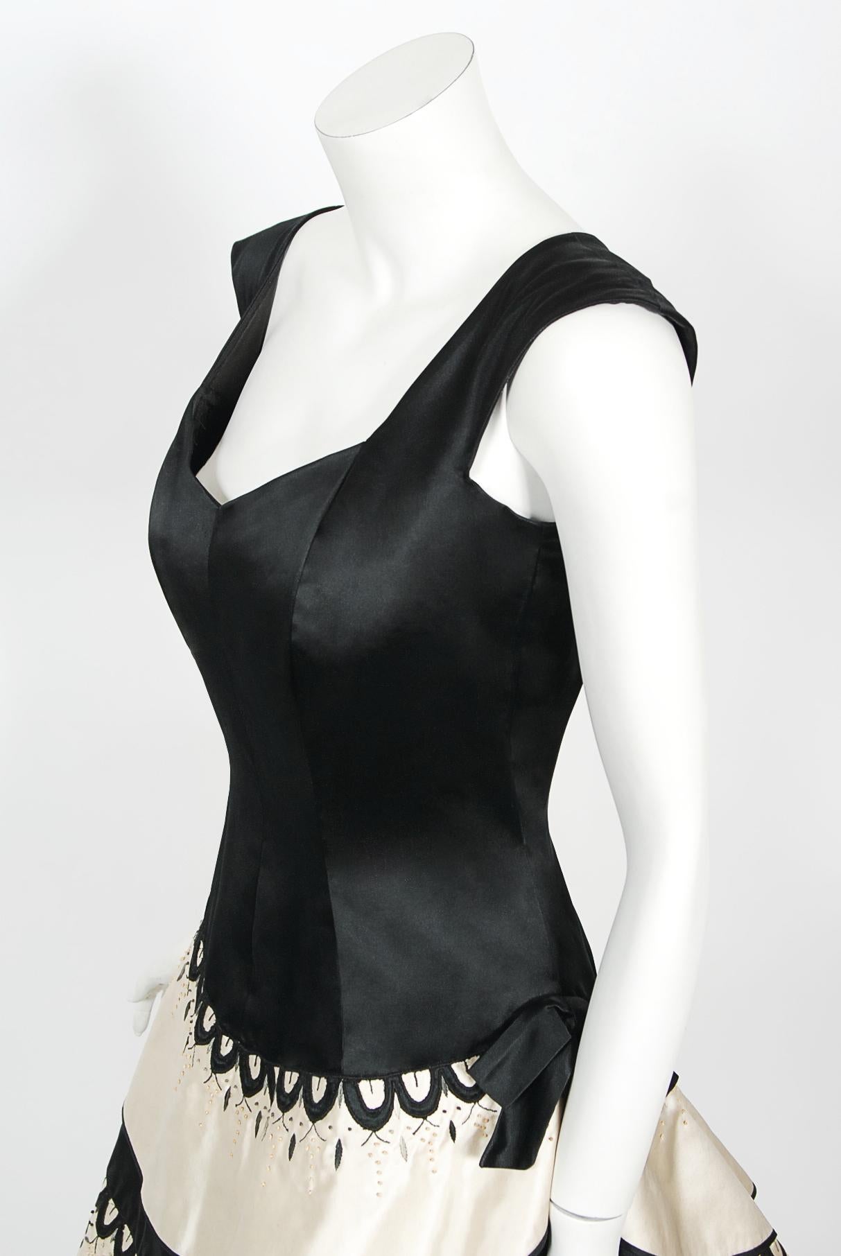 Vintage 1950's Emilio Schuberth Couture Black & Ivory Embroidered Satin Dress For Sale 5
