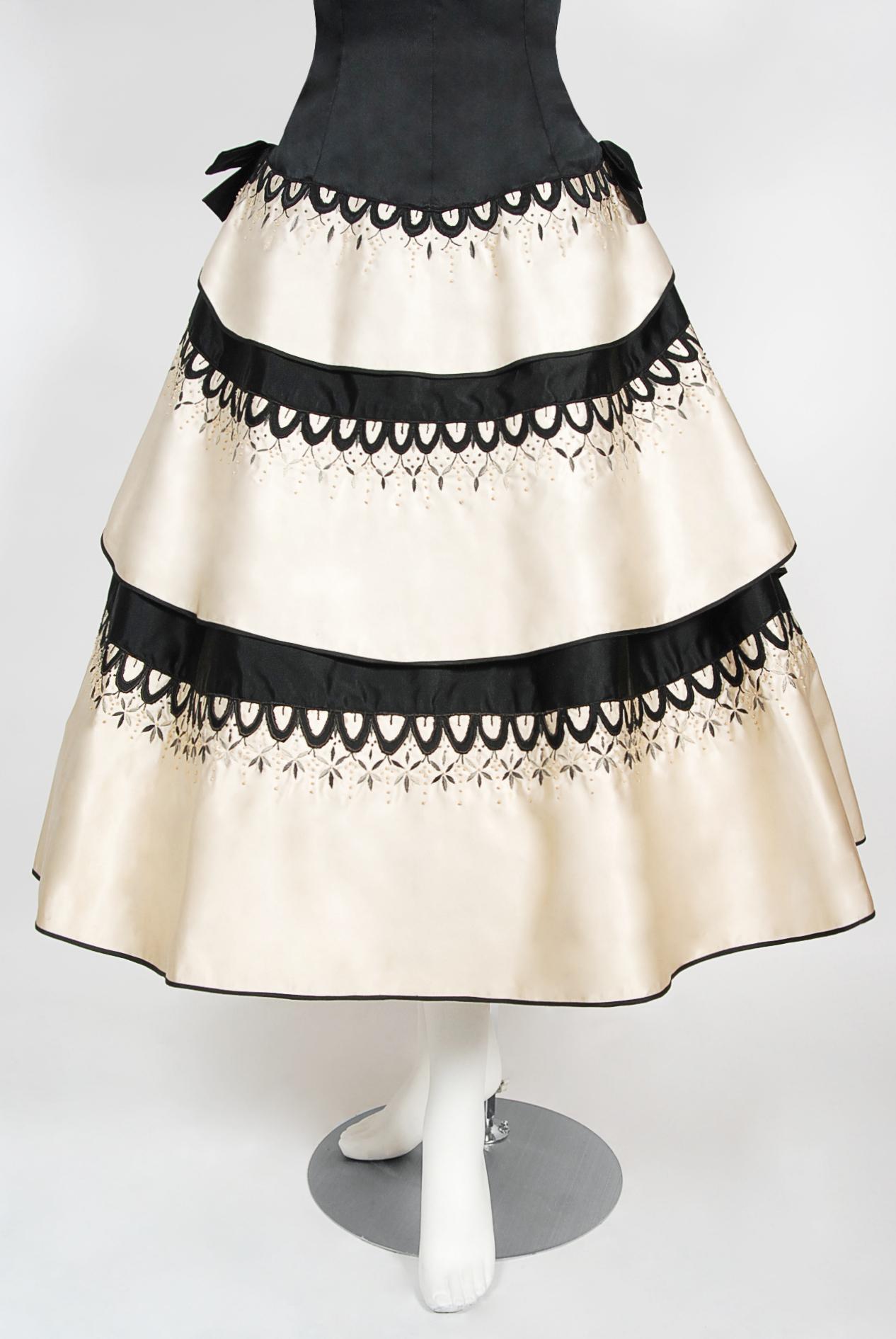Vintage 1950's Emilio Schuberth Couture Black & Ivory Embroidered Satin Dress For Sale 6