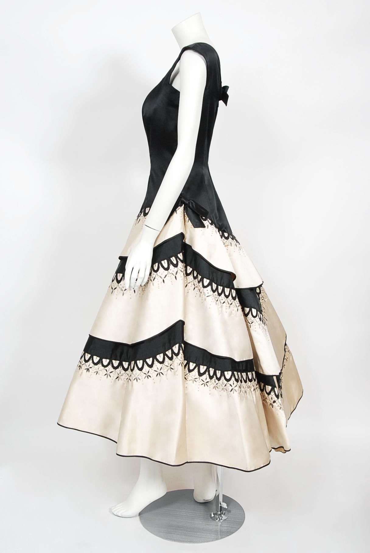 Vintage 1950's Emilio Schuberth Couture Black & Ivory Embroidered Satin Dress For Sale 8