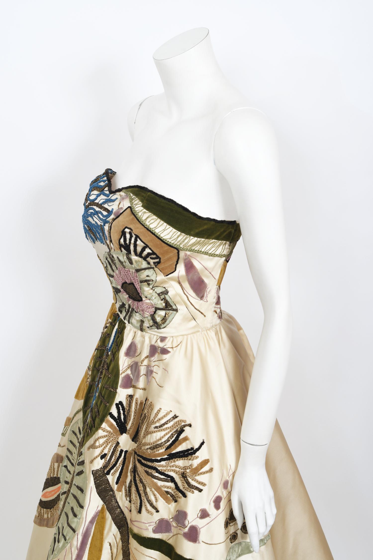 Important 1950's Emilio Schuberth Italian Couture Under The Sea Motif Satin Gown For Sale 6