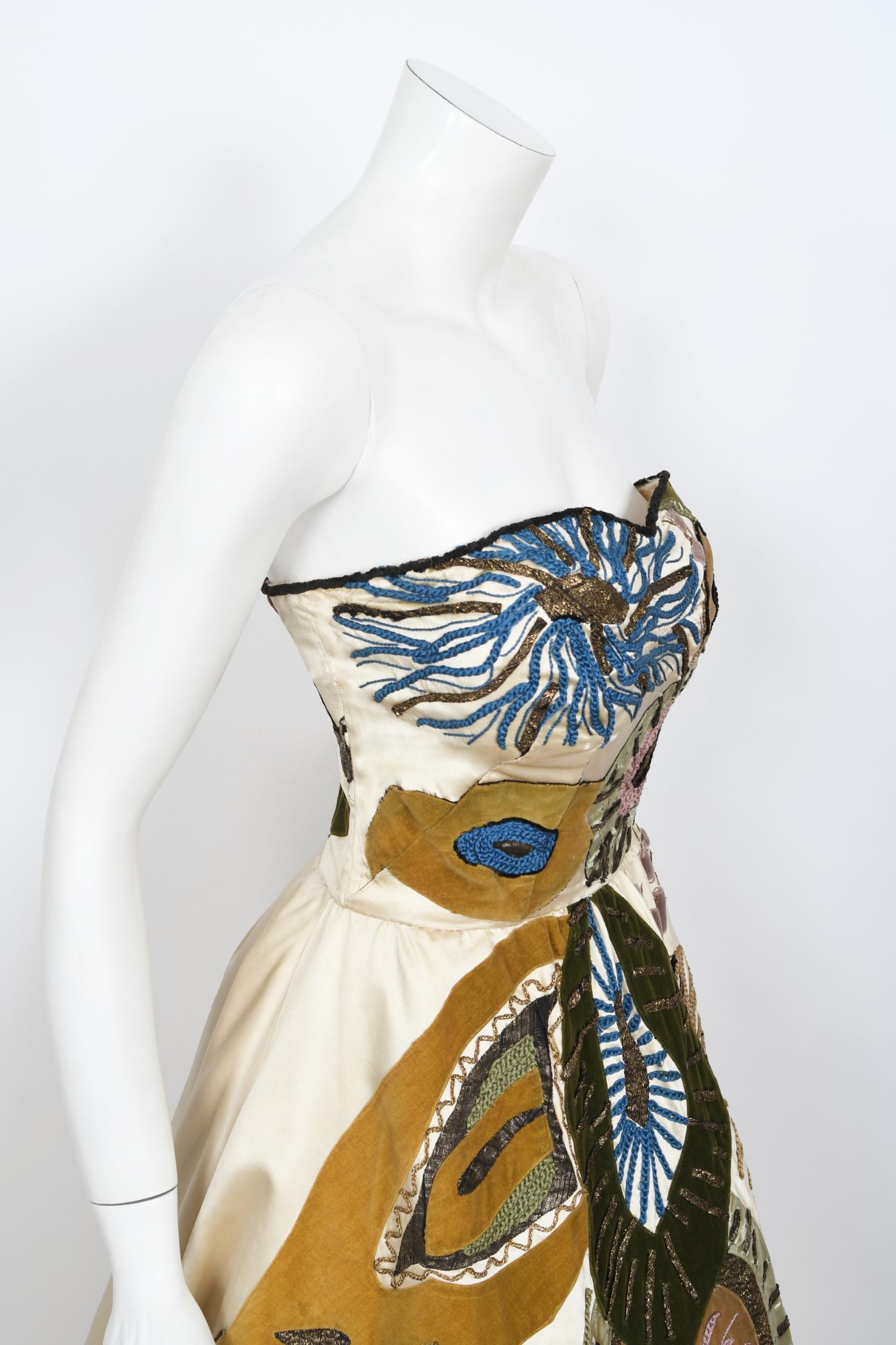 Wichtige 1950's Emilio Schuberth Italienisch Couture Under The Sea Motiv Satin Kleid Damen im Angebot