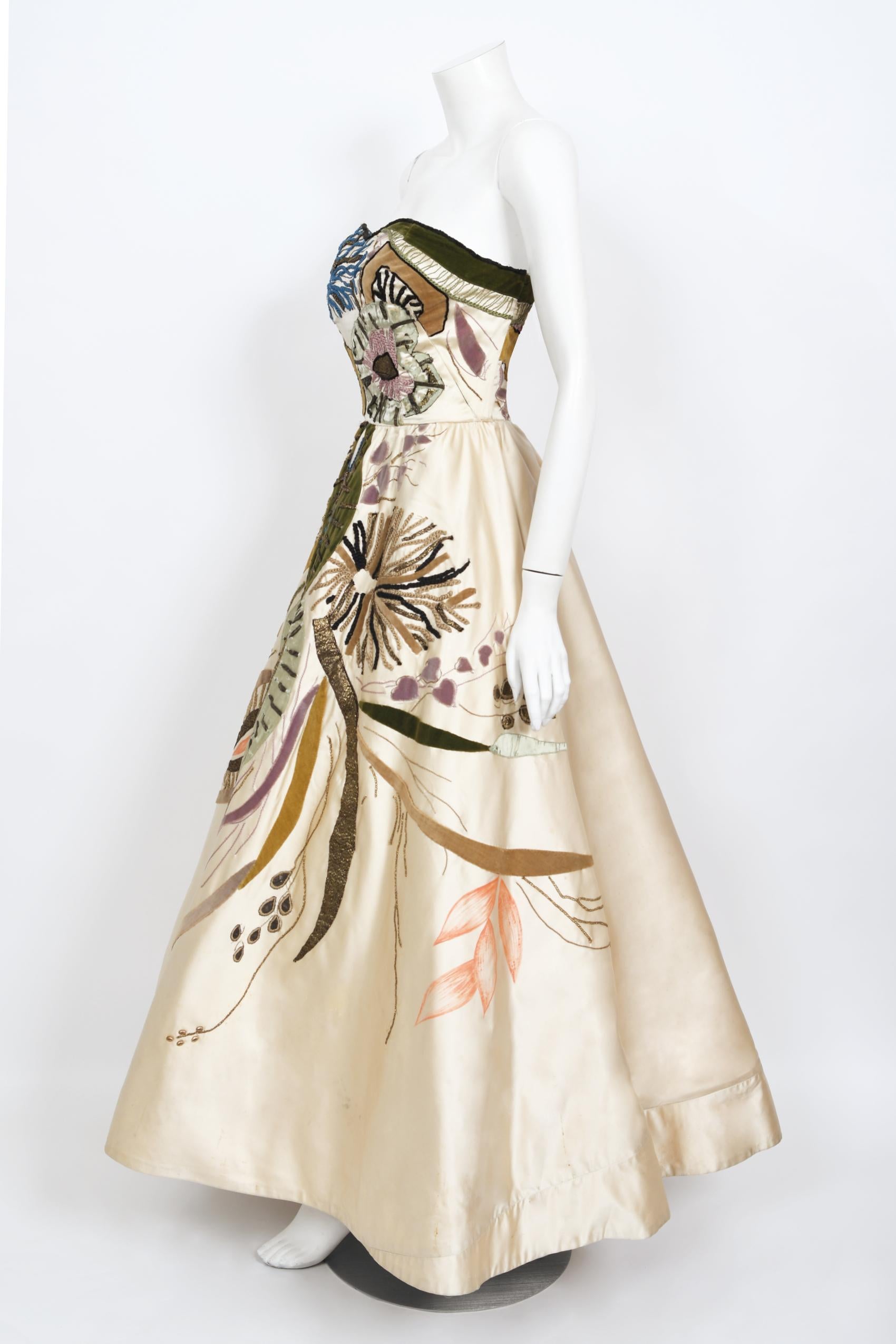 Wichtige 1950's Emilio Schuberth Italienisch Couture Under The Sea Motiv Satin Kleid im Angebot 2