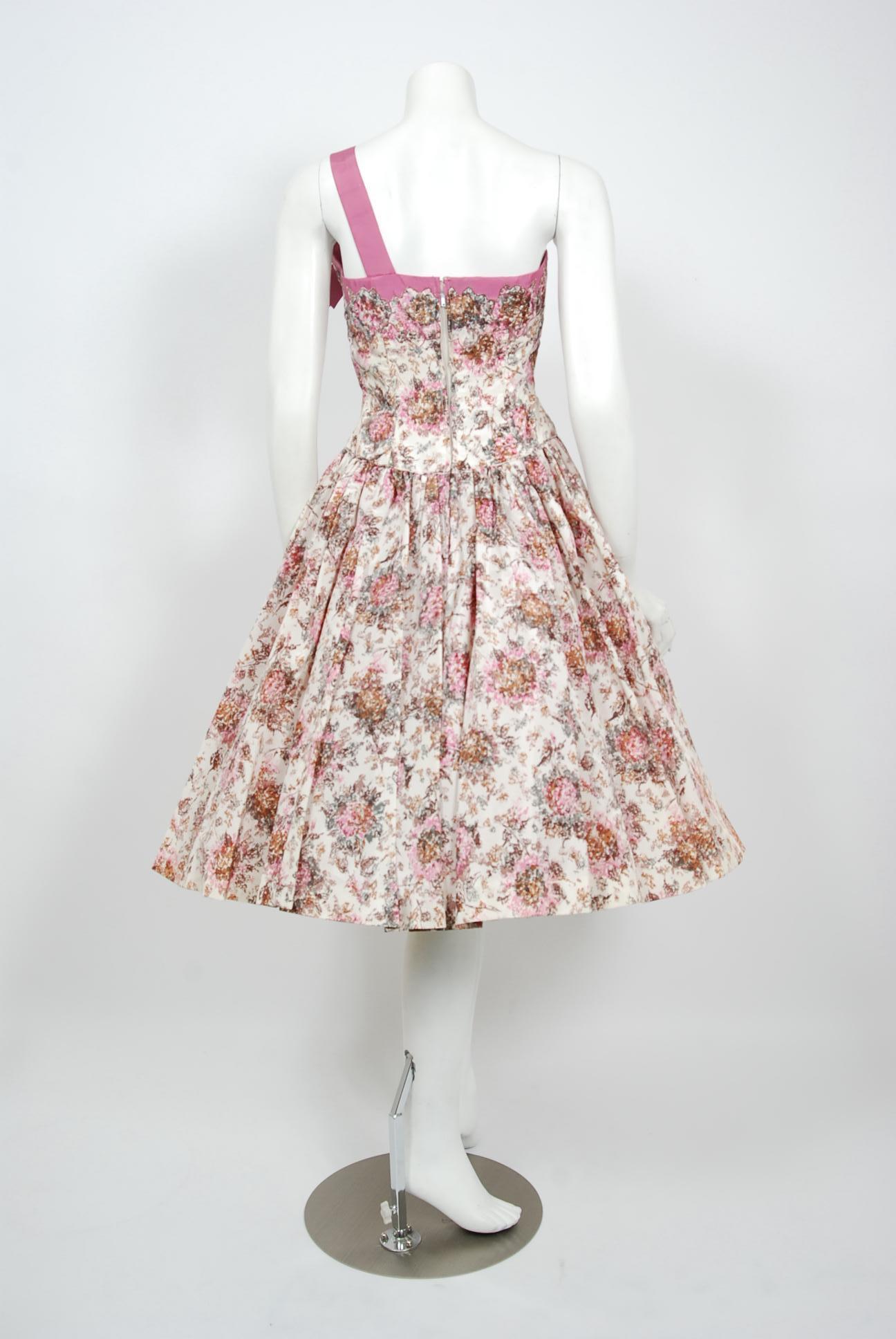 Beige Vintage 1950's Emma Domb Pink Floral Print Taffeta One-Shoulder Bow Party Dress