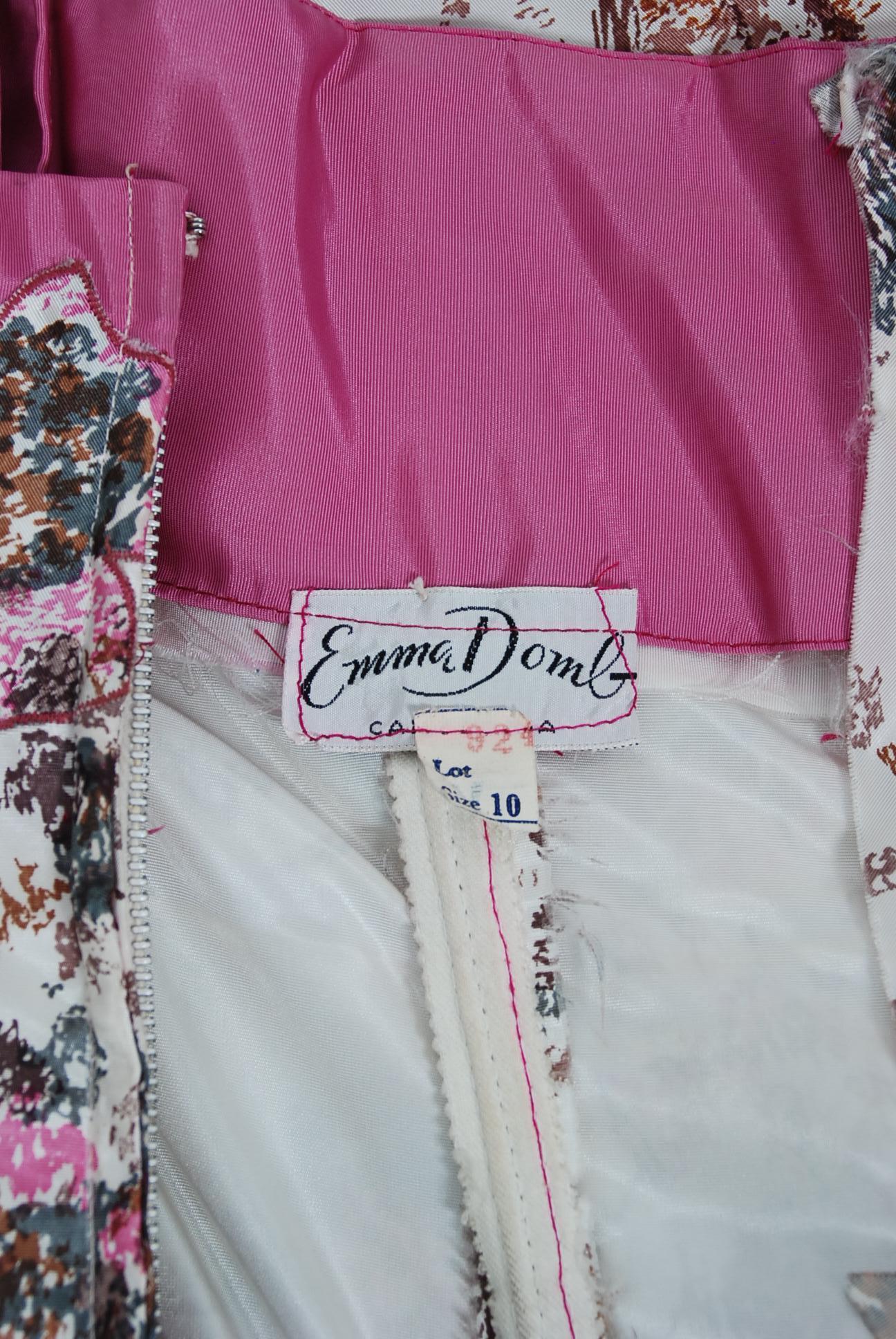Vintage 1950's Emma Domb Pink Floral Print Taffeta One-Shoulder Bow ...