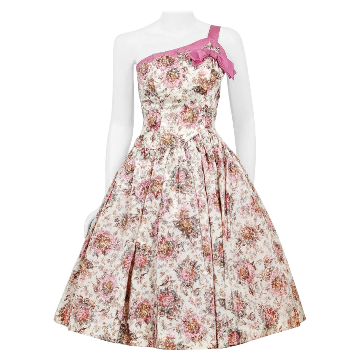 Vintage 1950
s Emma Domb Pink Floral Print Taffeta One-Shoulder Bow Party Dress