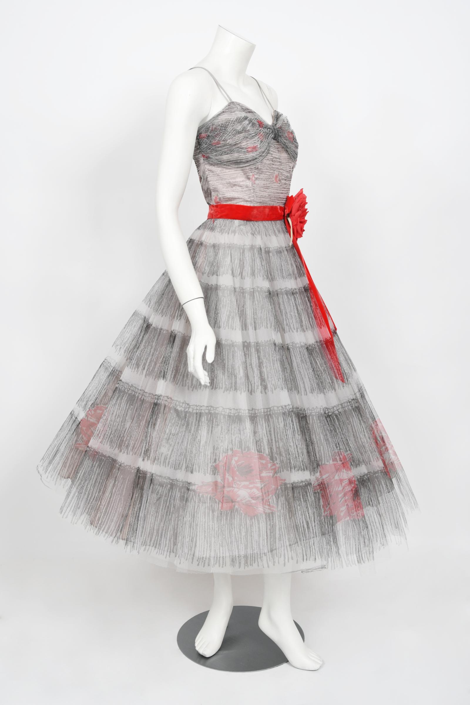 Vintage 1950's Emma Domb Red Roses Illusion Print Tulle Full-Skirt Party Dress For Sale 5